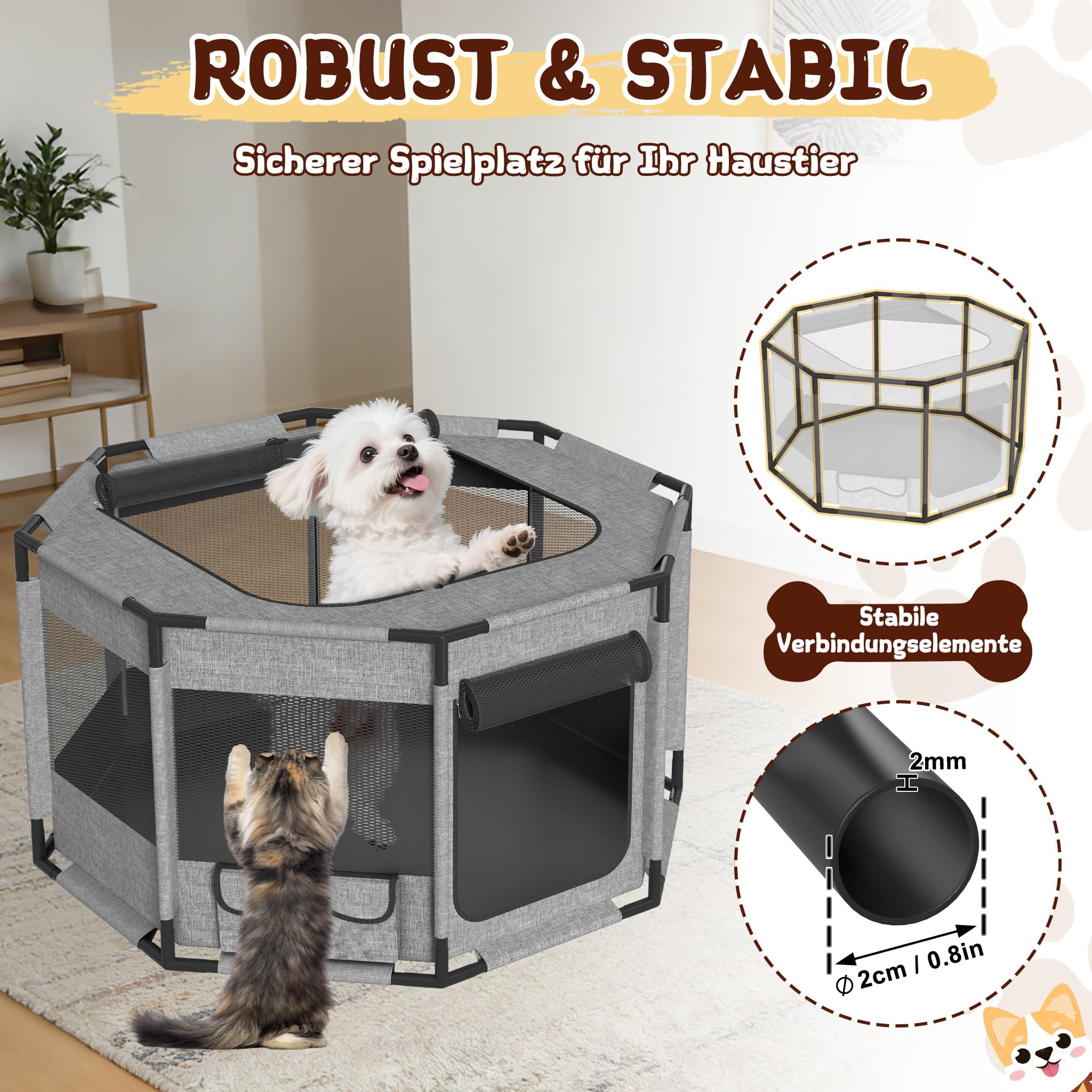 Froadp Jaula móvil para cachorros de tela Oxford 600D con marco de PVC, parque plegable para perros y gatos, con puerta con cremallera y apertura superior, gris, octogonal L