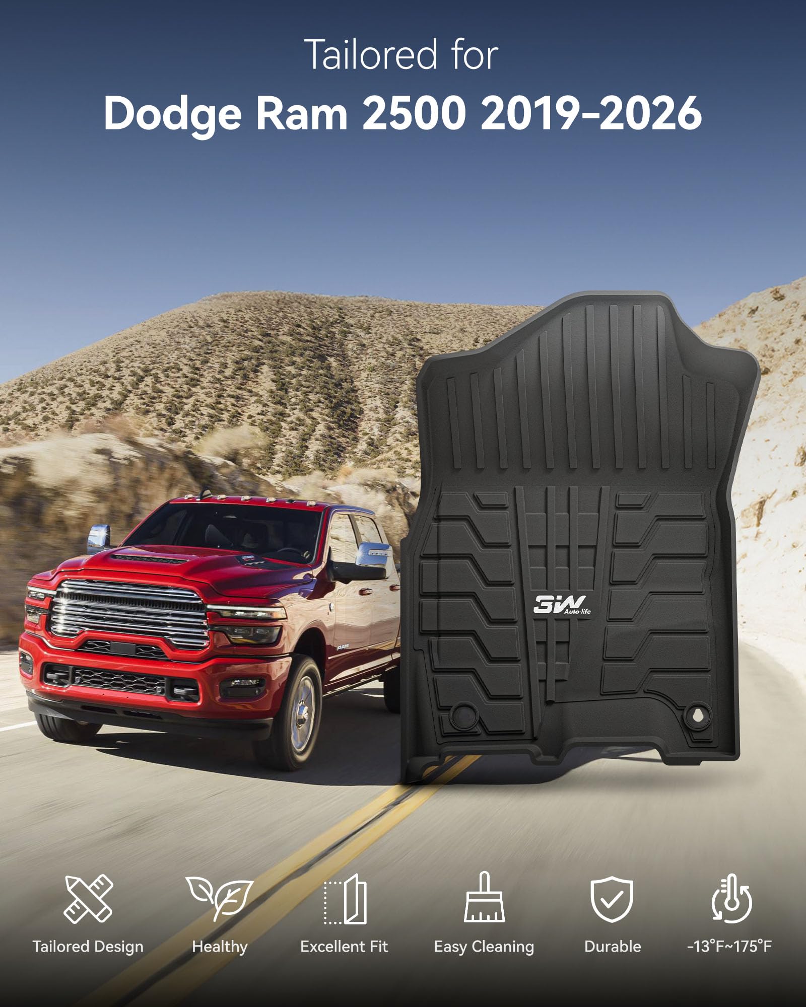 3W Floor Mats for 2019-2025 2026 Ram 2500 3500 Crew Cab with Bucket Seat Not for PTO KIT — view 2