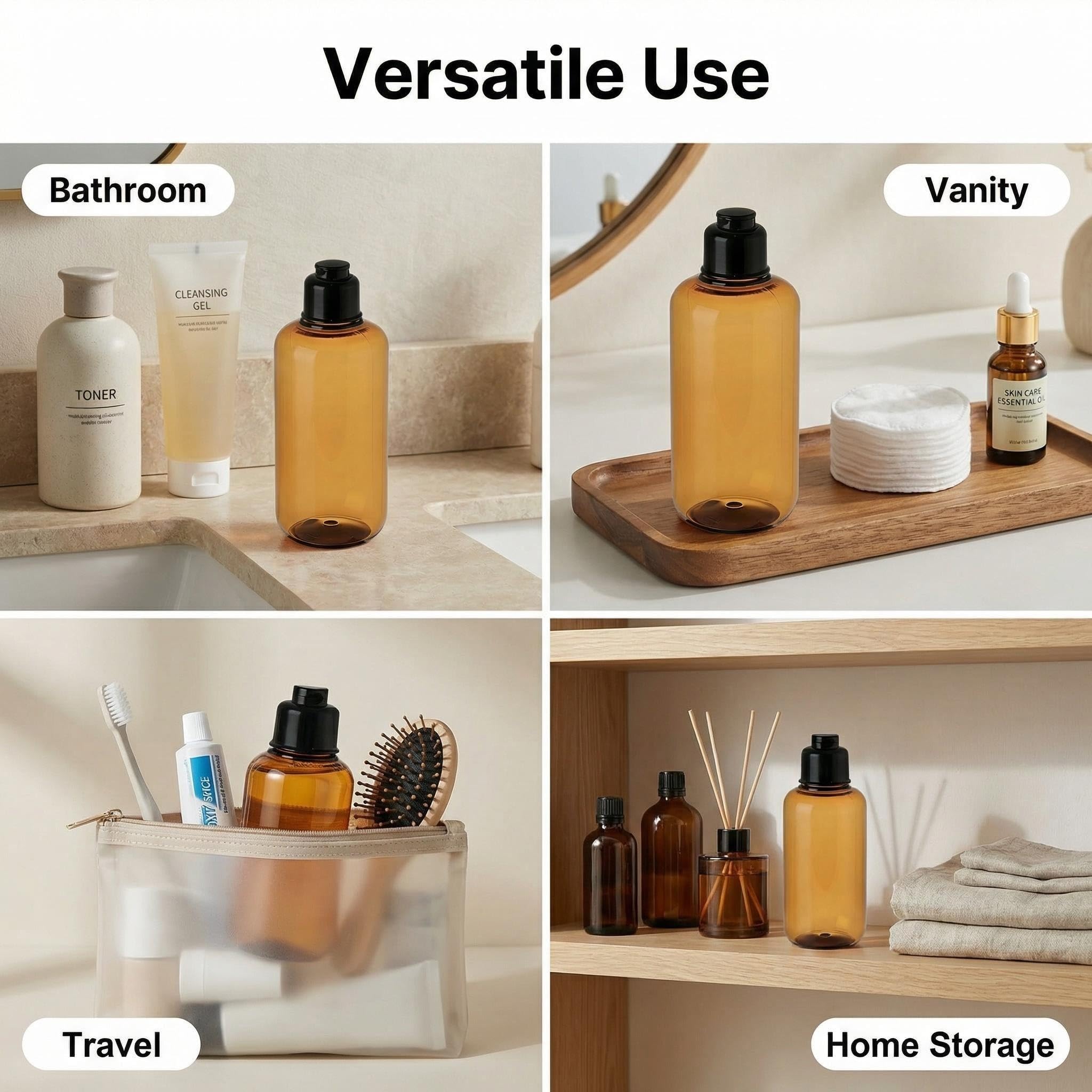 VASANA 200 ml di ricarica vuota in plastica da spremere con tappo nero per trucco, oli essenziali, shampoo, gel doccia liquido per il corpo e sapone fai da te, confezione da 2 (ambra) 300ml Ambra