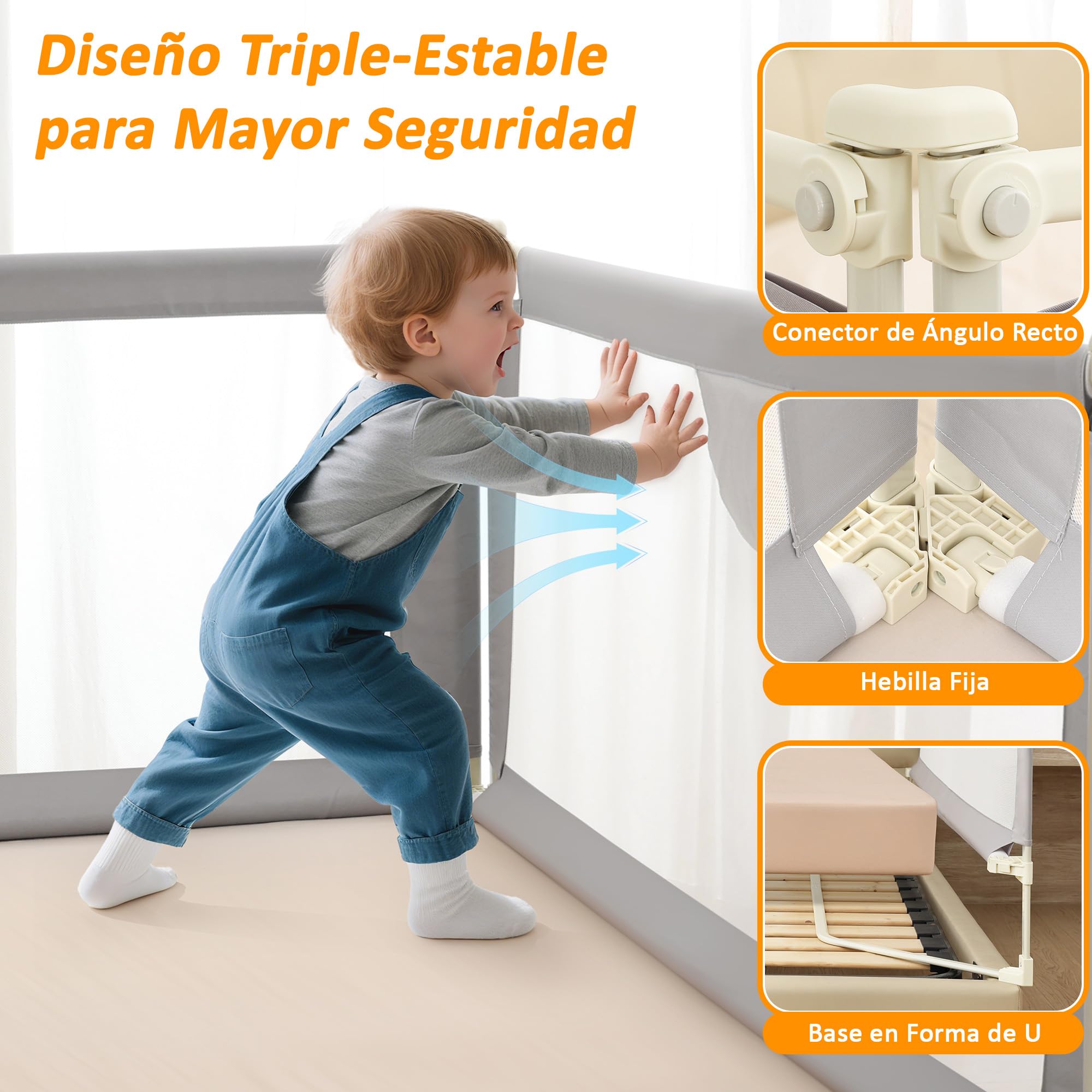 Barrera para Cama, Set de 3 Barrera de Seguridad Niños, Barandilla Cama Niño Legable y Portátil - (2 x 200 cm + 1 x 180 cm) en Paquete