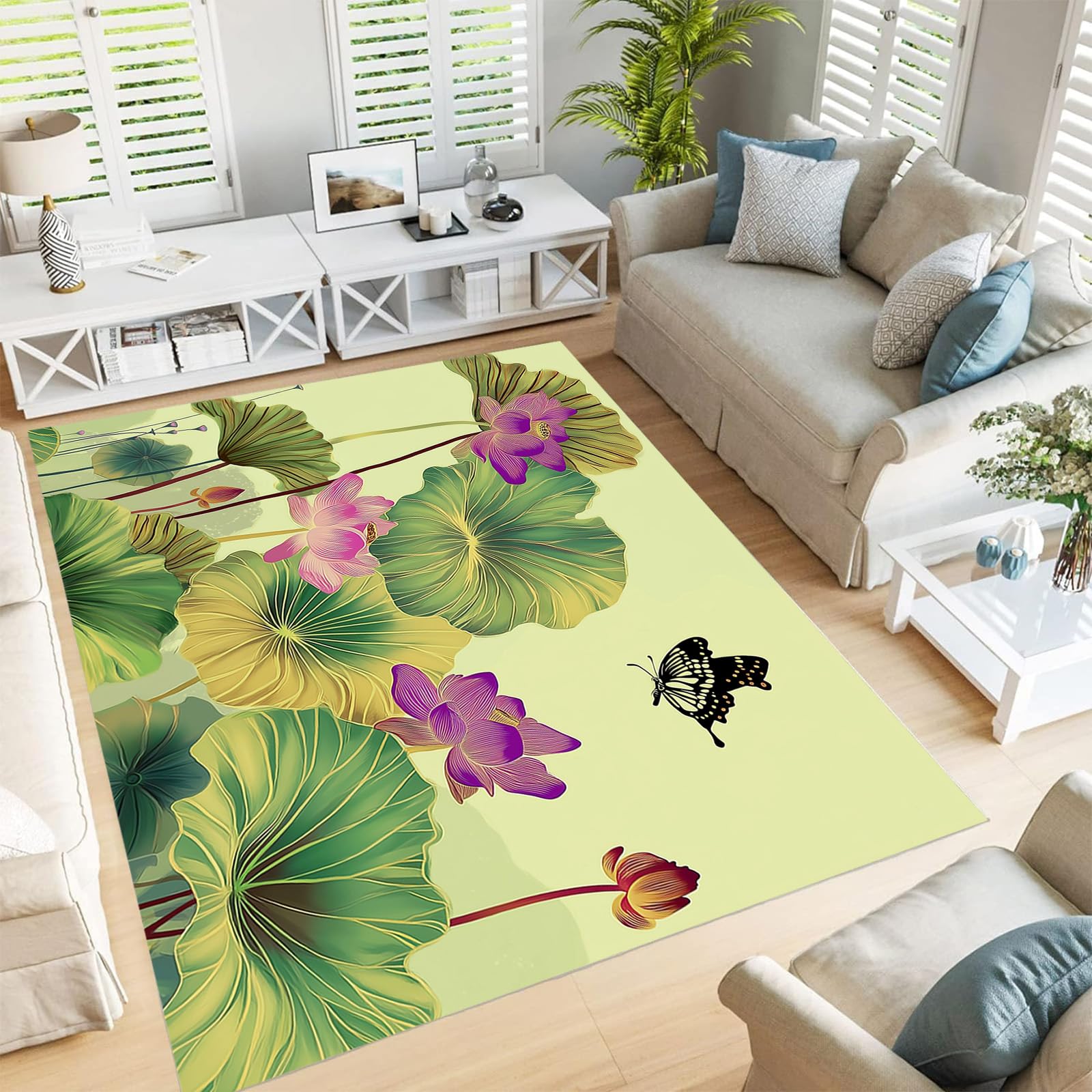 Tapis lavable antidérapant 200x300 cm avec motif de lotus pour cuisine et terrasse