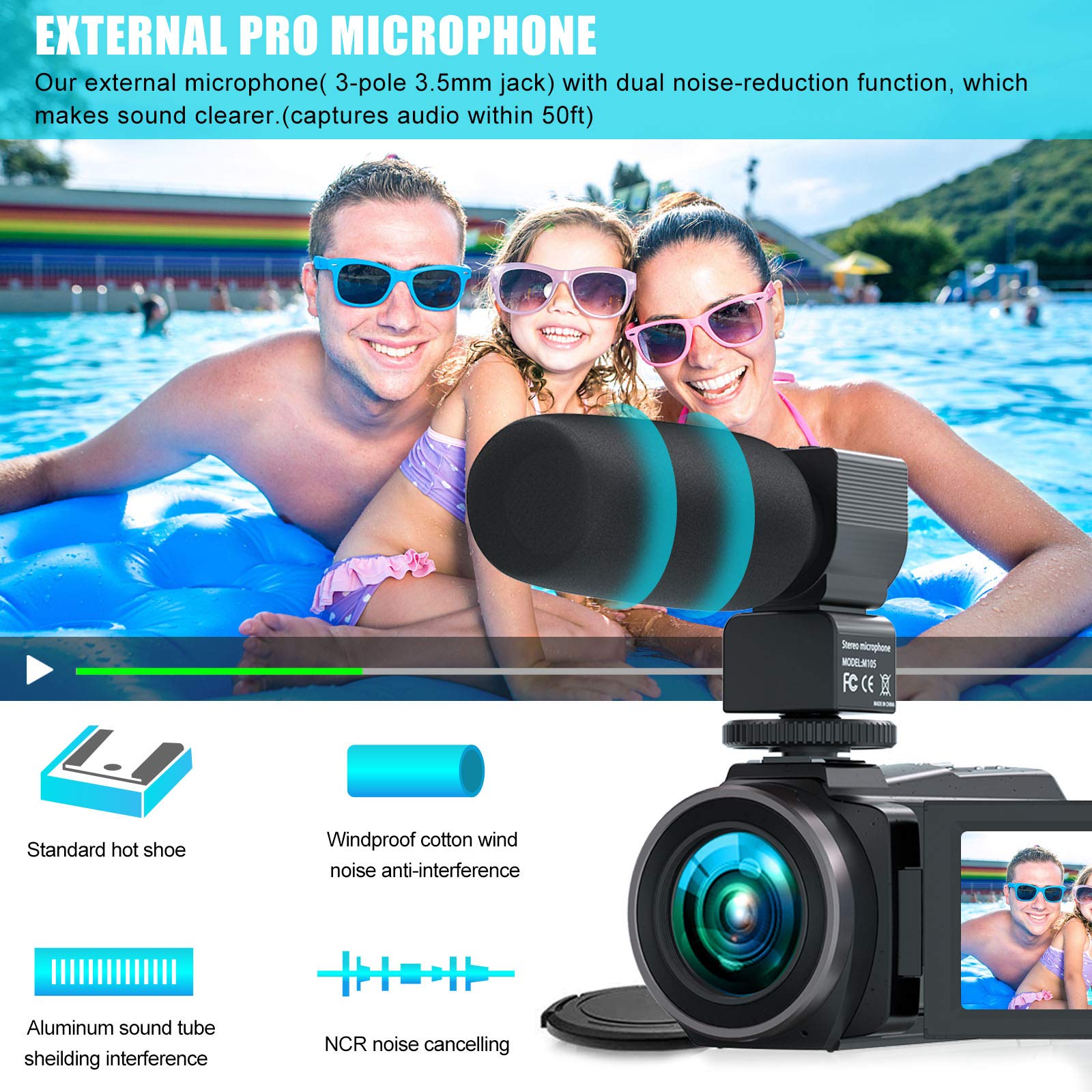 CAMKORY Videocamera 4K 48MP Videocamera WiFi, Vlogging Camera per YouTube 16X zoom digitale, schermo touch IPS da 3.0 pollici, visione notturna a infrarossi, con microfono, caricatore a batteria e 2