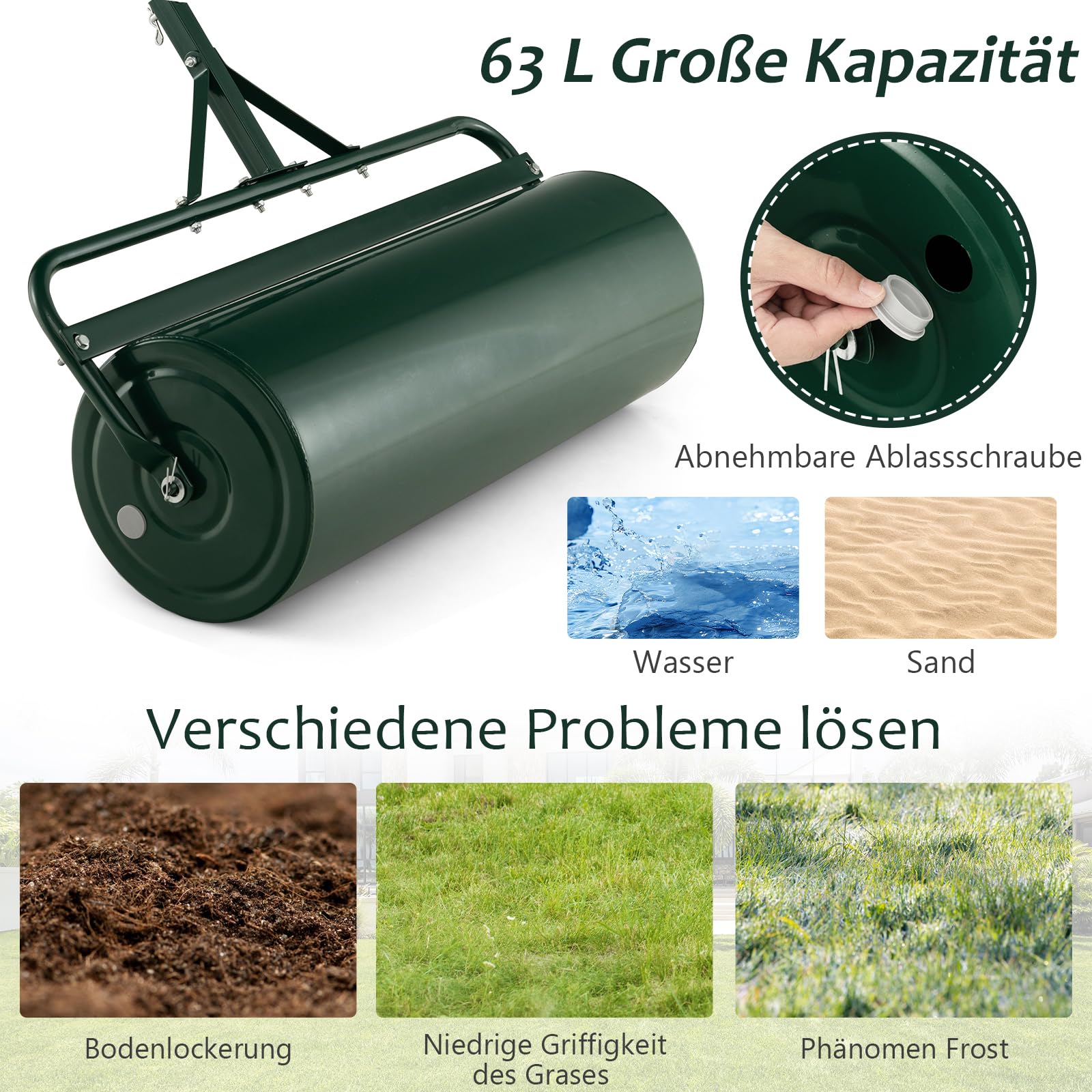 GOPLUS Walec do trawnika 63 l, 90 cm, wałek ogrodowy z odpornym na zabrudzenia, ręczny wałek wypełniany wodą i piaskiem, wałek do trawy, wałek do trawy do ogrodu i parku (zielony)