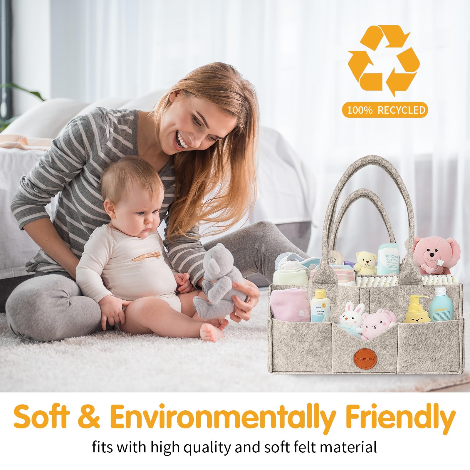 Baby Essentials for Newborn Nappy Caddy Organiser Baby Shower Gifts with Long Handles Detachable Compartments - Image 3