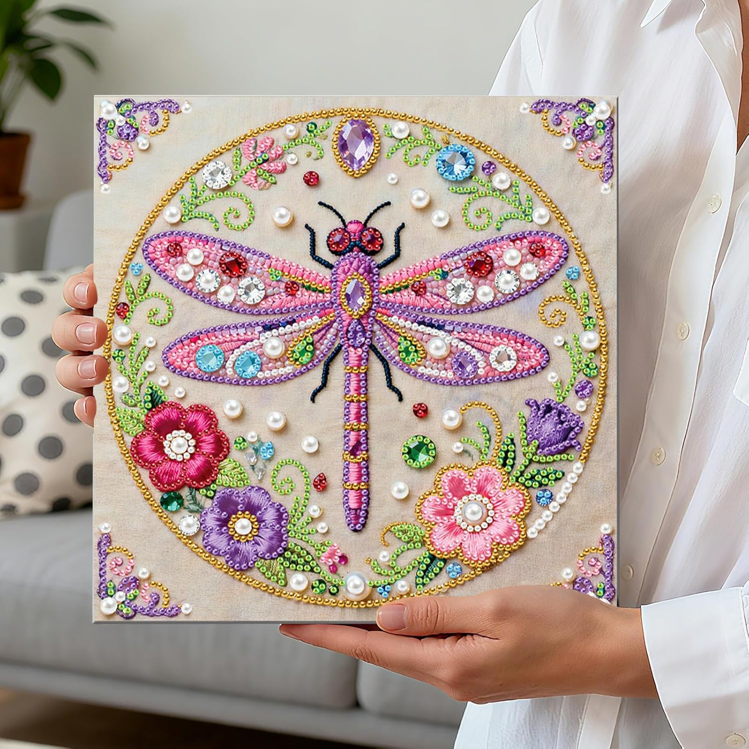 FRANDEK Flower Dragonfly DIY Pearl Art Kit, 5D Resin Diamond Art Painting Craft with Frame 25x25cm, Perfect Elegant Handmade Gift for Adult, Christmas Home Decor Present for Beginners