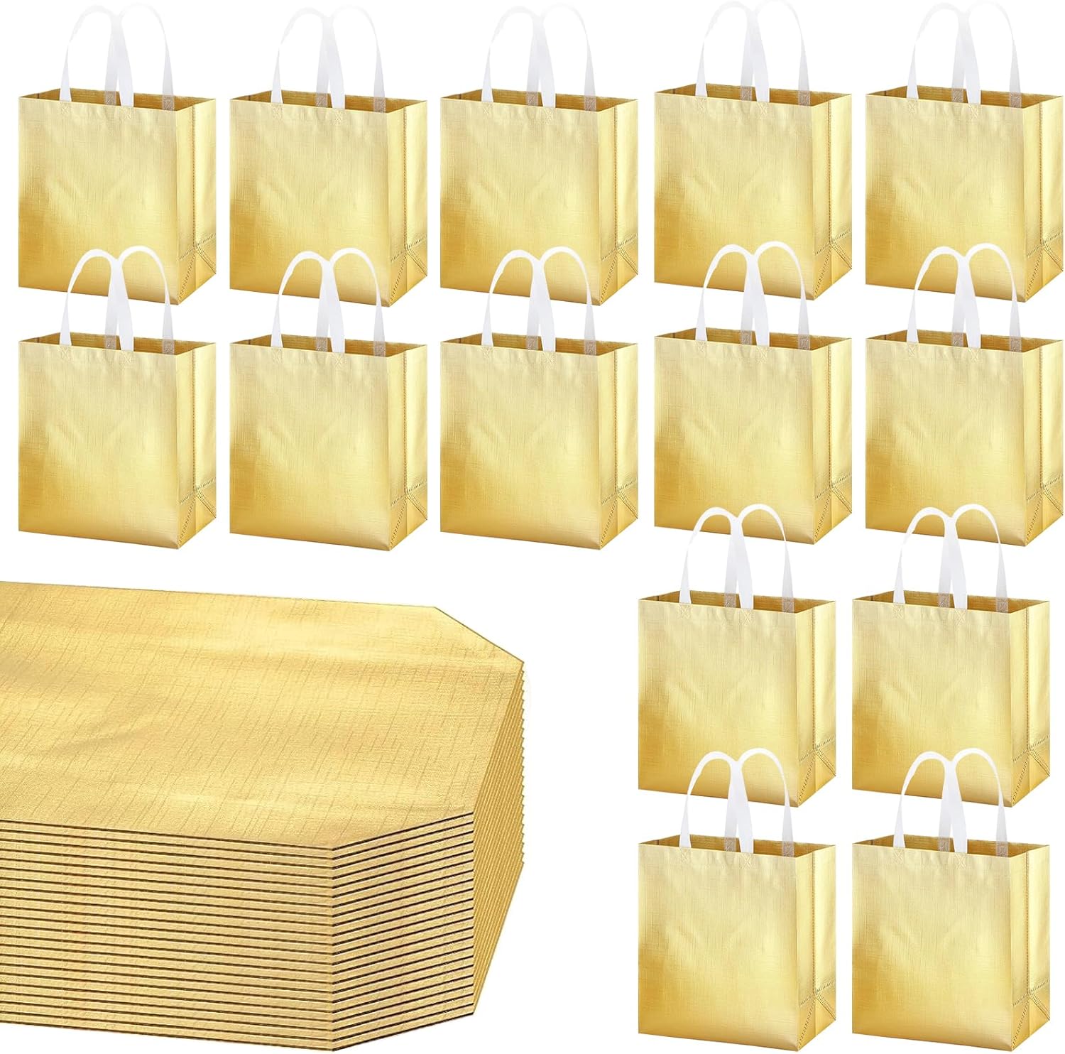 JDRGJTH 64 Pcs Reusable Gold Gift Bags with Handles Grocery Bags, Large Glossy Gold Bags Bulk Present Bag for Wedding,Birthday,Christmas (12.6 x 10.6 x 4.7 Inch)