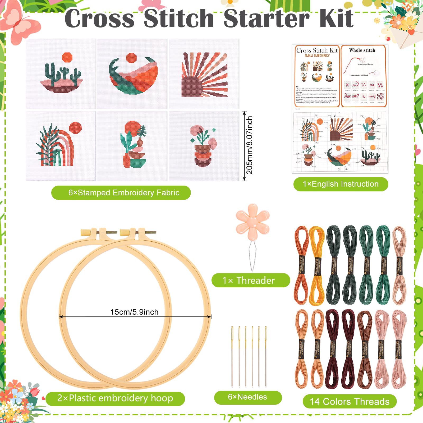 Kit De Broderie Point De Croix Bohème Pour Débutants - 6 Motifs Paysages, Avec Tambour, Fils Et Aiguilles - 7