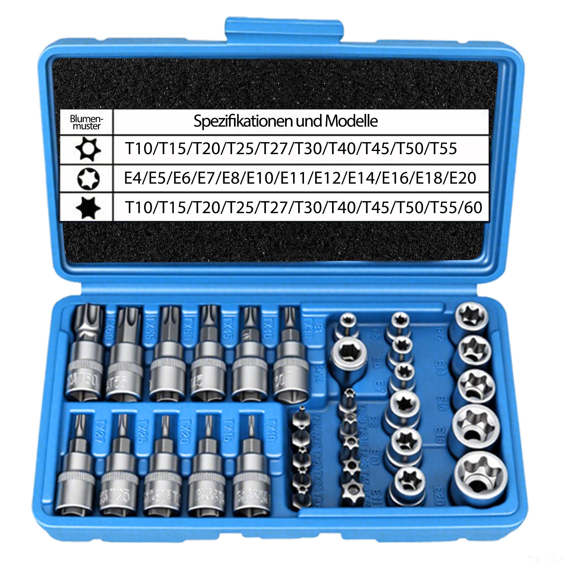 Clé à douille Torx Lot de 34 pièces femelles E4-E20 et mâles T10-T60 avec adaptateur 3/8"
