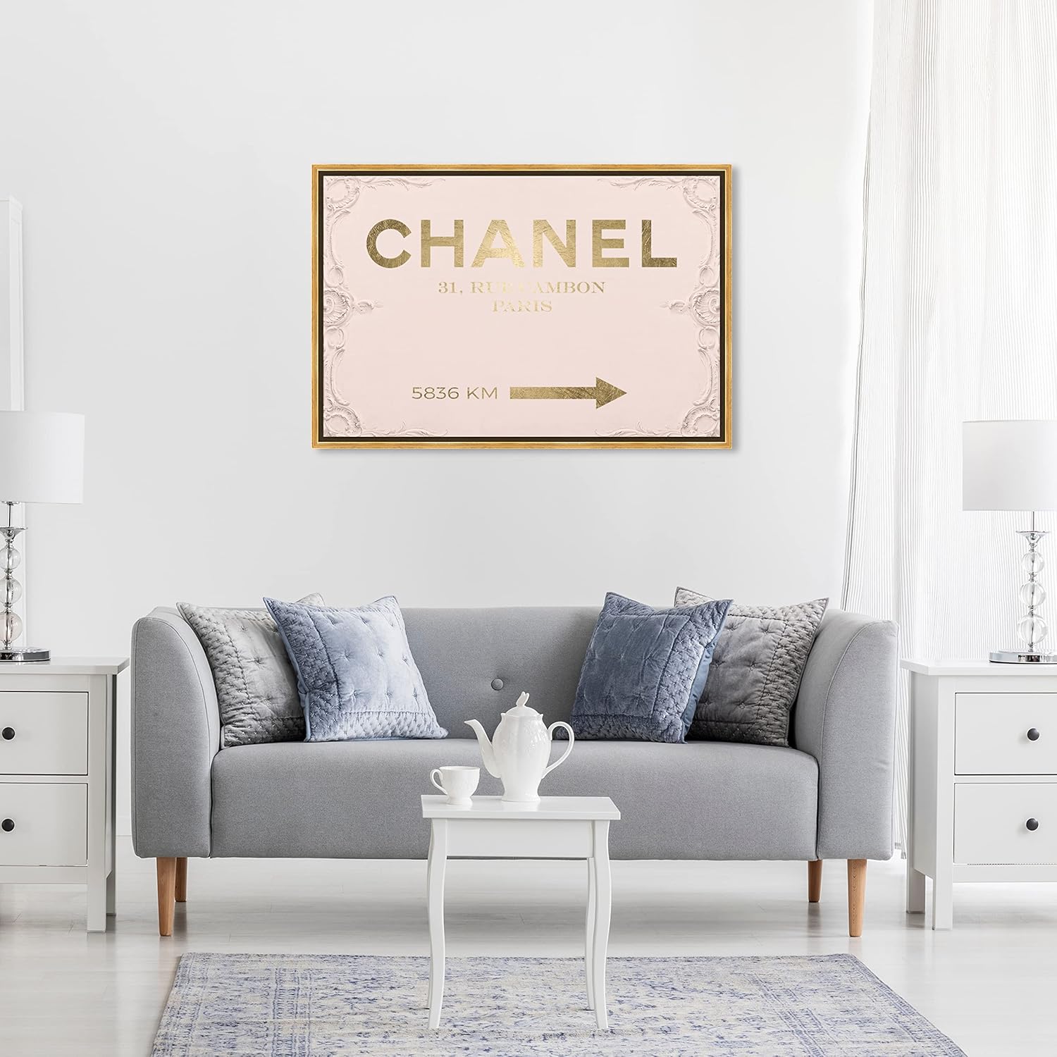 The Oliver Gal Artist Co. Fashion and Glam Modern Canvas Art - Couture Road Sign Rococo Gold Blush, Wall Art for Living Room, Bedroom, and Bathroom, 30 in x 20, Pink and Gold Home Decor