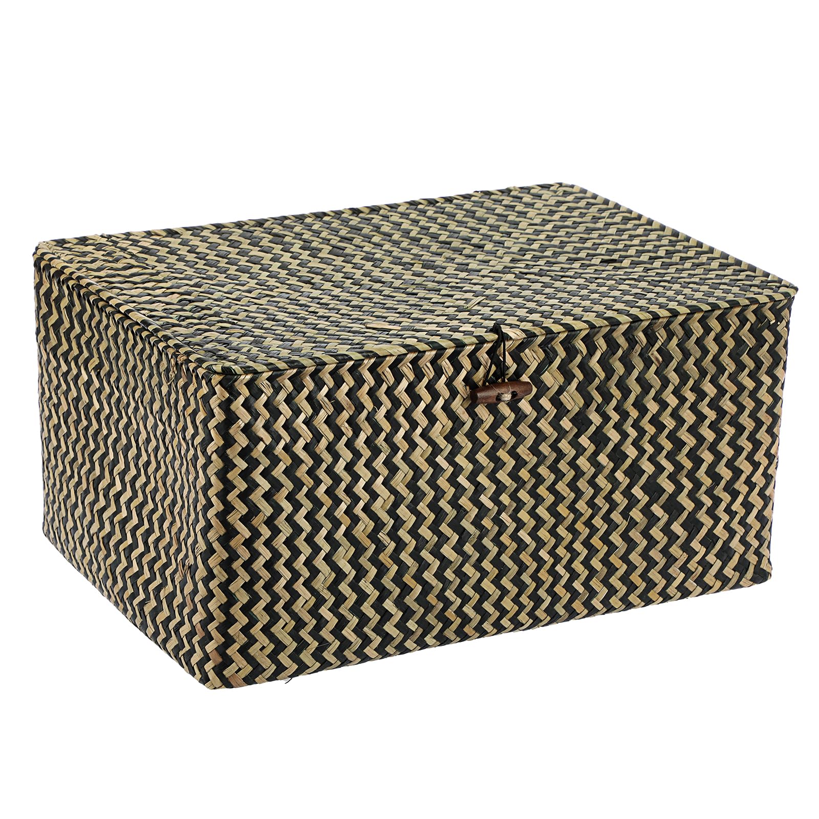 IGNPION Seagrass Storage Basket with Lid Woven Wicker Desktop Baskets Bathroom Organiser Box, Living Room Decorative Under Shelf Box Multipurpose Storage Hamper (XL, Natural&Black) โ image 1
