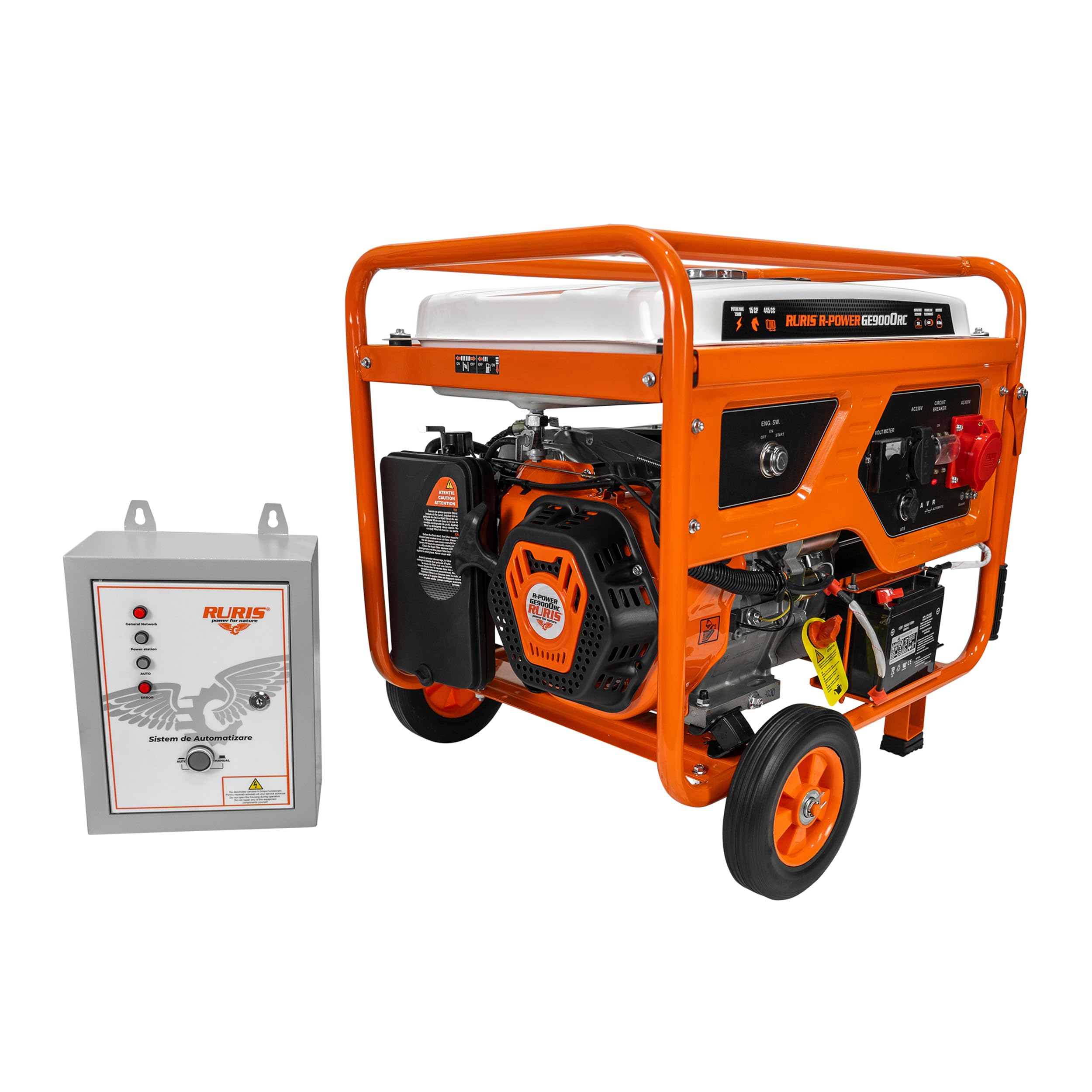 RURIS GE9000RC ATS Generateur 7500W Triphase 445 cc ATS Telecommande | Triphasé Moteur 4 Temps 15 CV 445 cc ATS Automatique Telecommande 25 m AVR Reservoir 25 L 8h Roues