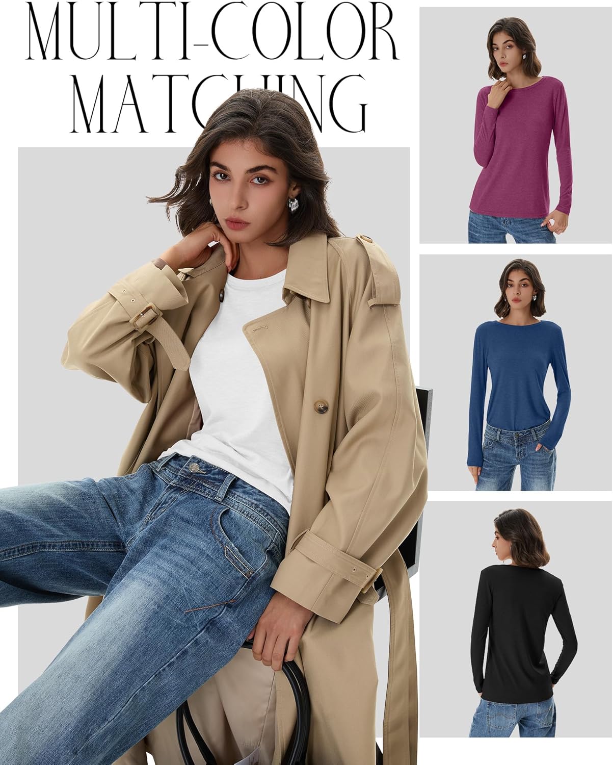 Huukeay 5 Pack Women's Crew Neck Long Sleeve Shirts, Cotton Blend Casual Clothes Workout Basic Layering Tee Tops Multipack - Image 4