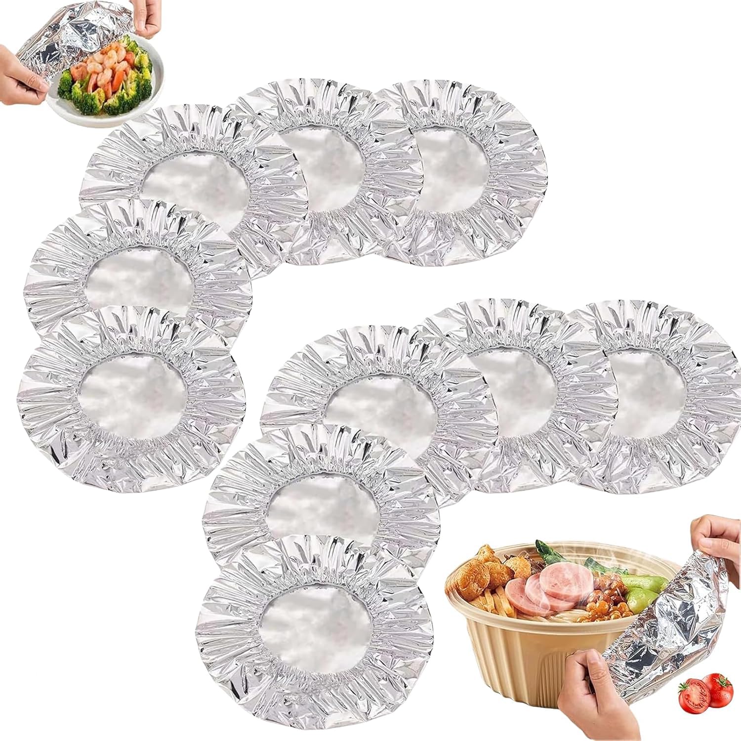 Oehug 100Pcs Repeatable Aluminum Foil Film Insulation Cover,Kitchen Foil,Food Covers,11-28Cm Adjustable Aluminum Foil Dough Bowl Cover,Fresh Keeping Bags For Fruit, Fresh-Keeping Elastic Bowl Lids (100Pcs)