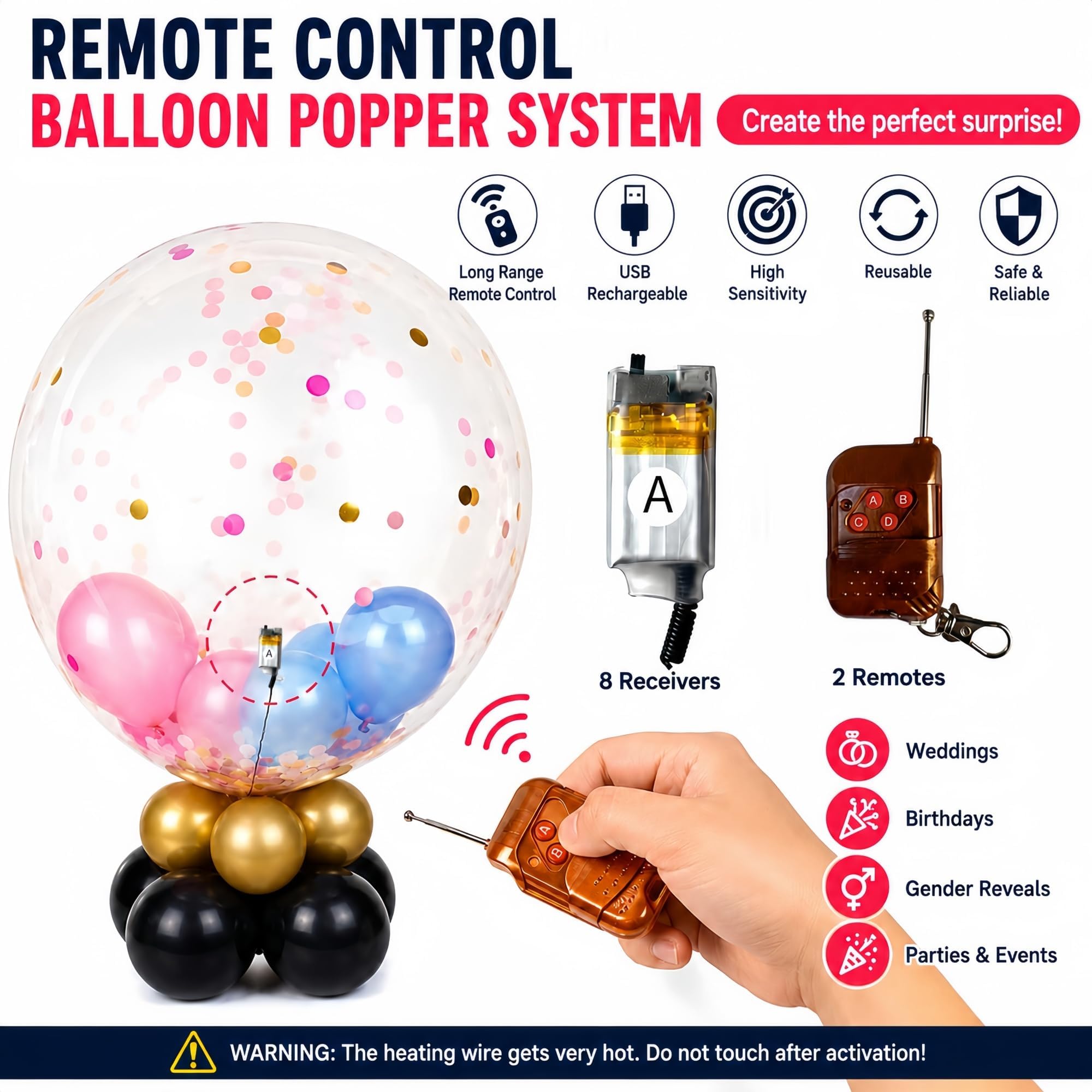 Contrôleur télécommandé d’explosion de ballons, kit pour faire exploser les ballons à distance, 2 télécommandes et 8 récepteurs rechargeables, pour mariage, anniversaire et Gender Reveal