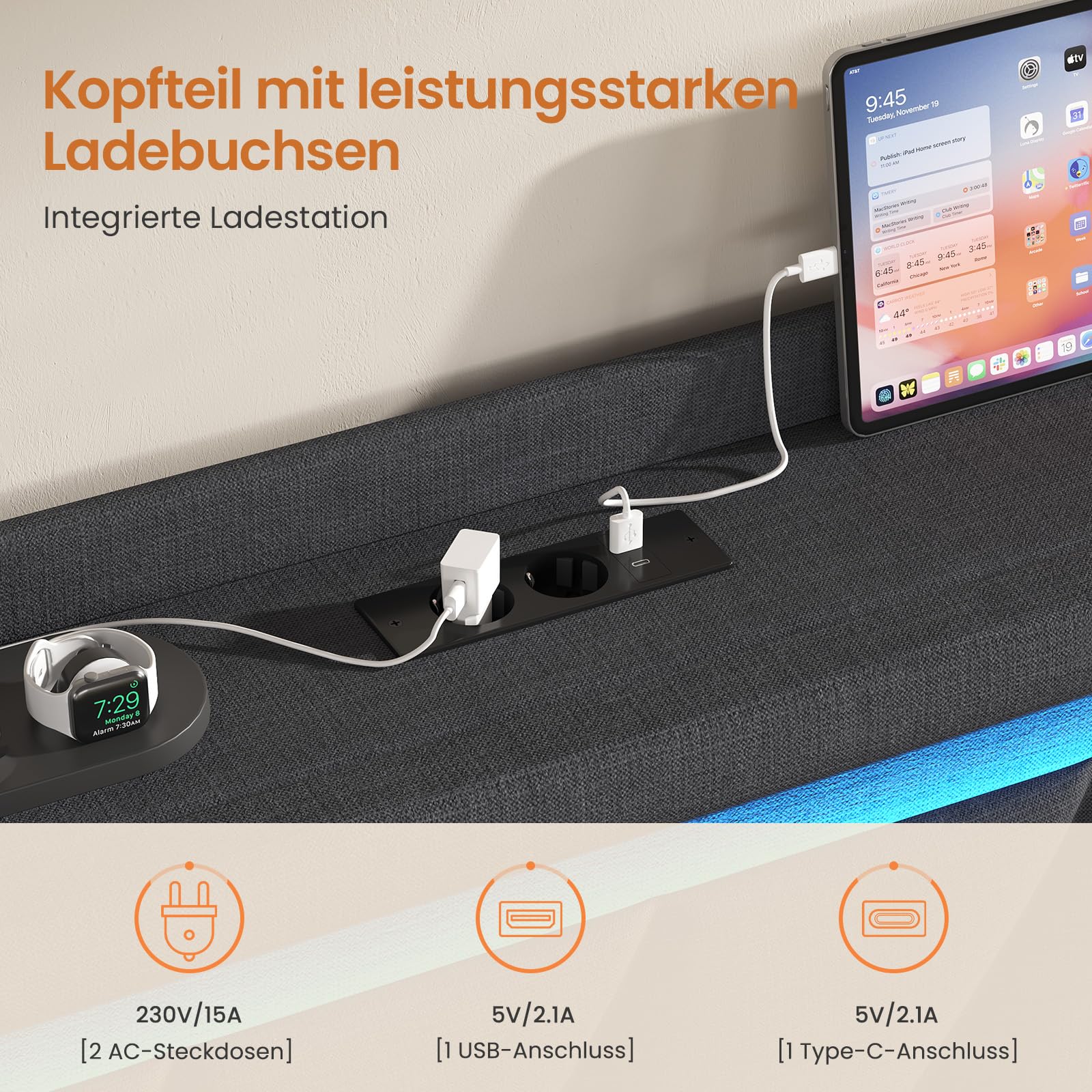 KIMENICH Polsterbett 180x200 cm,Schwebebett mit LED-Beleuchtung und Ladestation,Bett 180x200 mit Stauraum,Doppelbett mit Lattenrost,Bettgestell mit Kopfteil,Grau