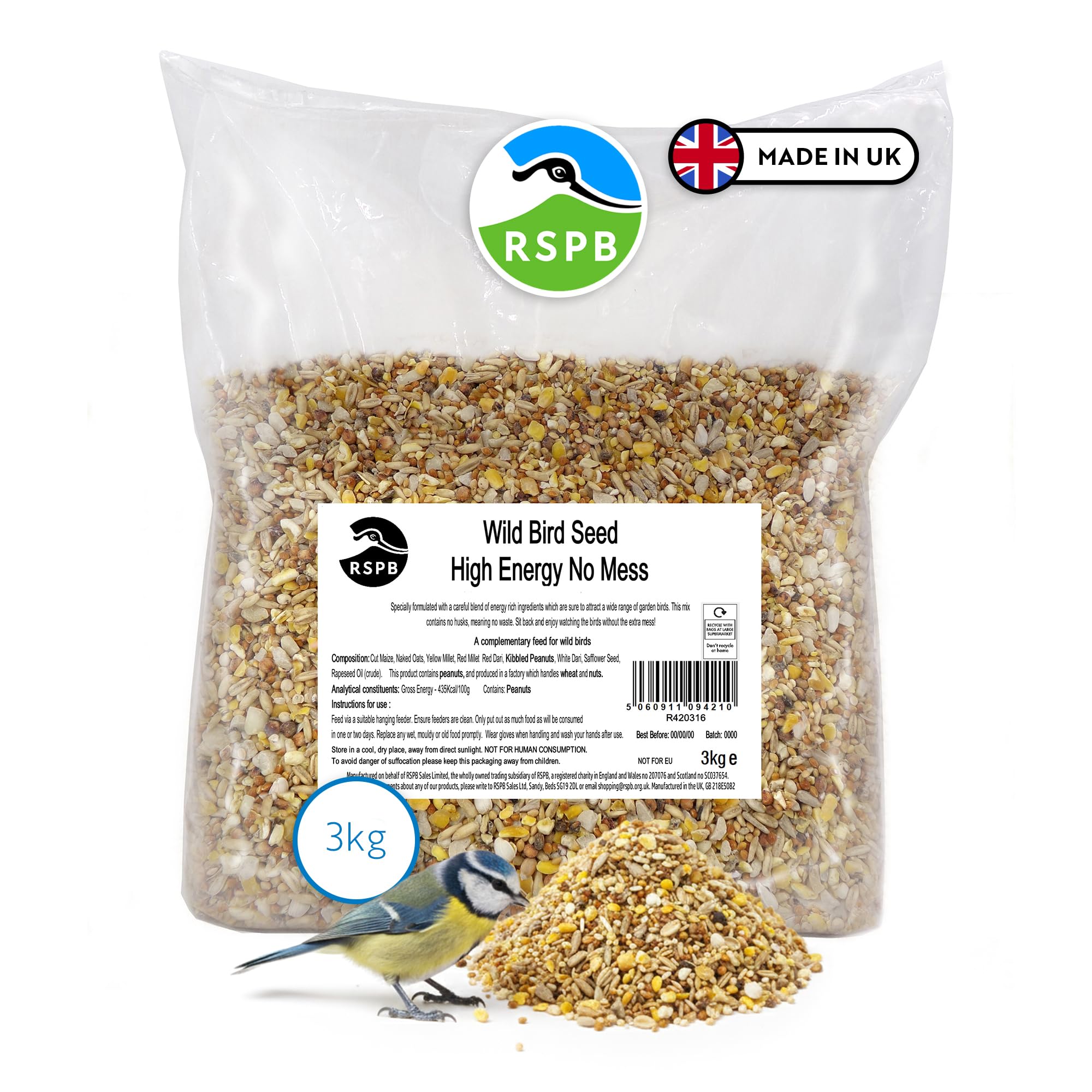 RSPB - Wild Bird Seed Mix, Wild Bird Food with Premium Ingredients, Made in the UK, Healthy and Nutritious (High Energy No Mess) (Wheat Free) (3kg)