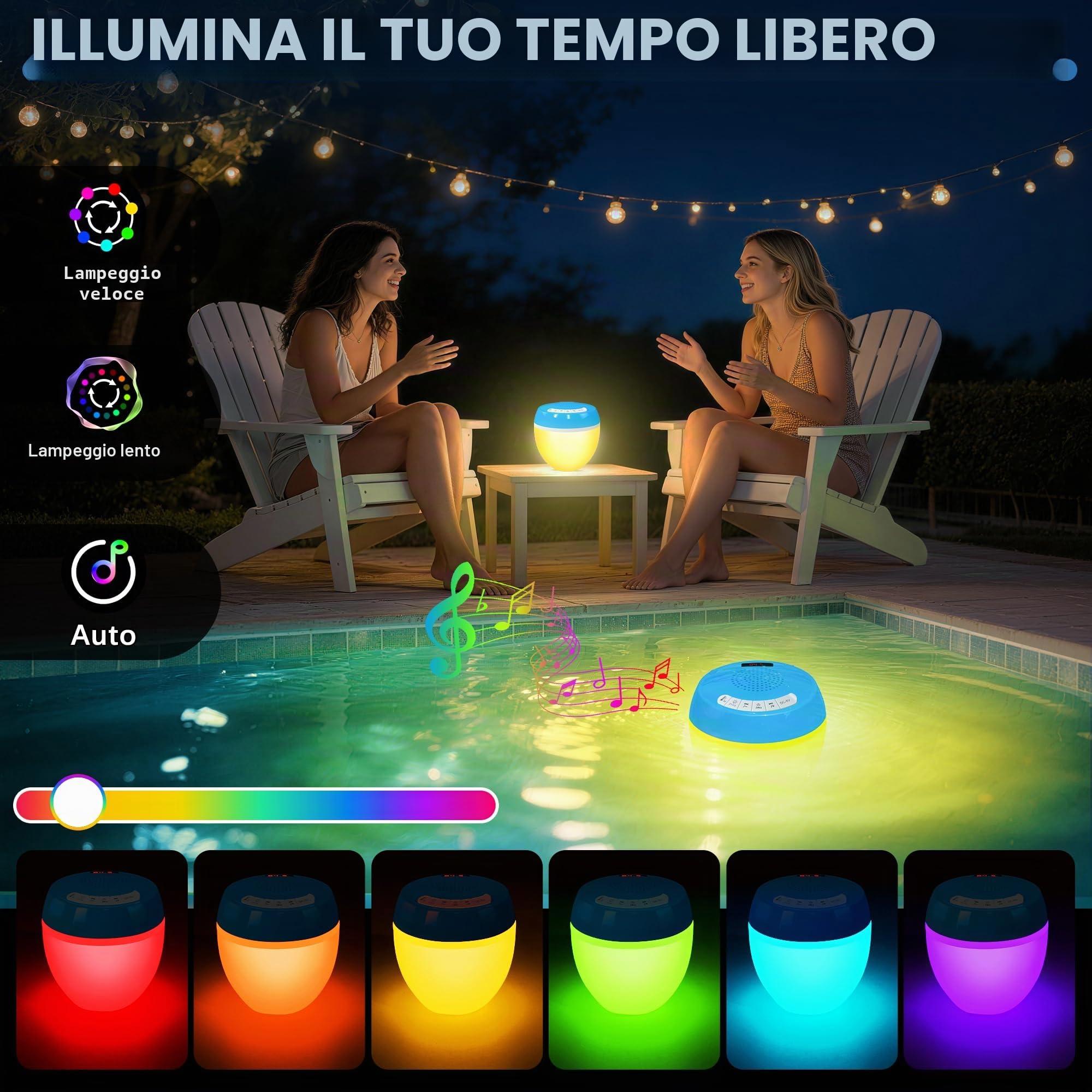 AearKing 3 in 1 Cassa Bluetooth Piscina con Termometro Digitale,Altoparlante Piscina con Luci Colorate,Cassa Bluetooth Piscina Galleggiante Impermeabile IP68,TWS,Suono Stereo Cassa Portatile Potente