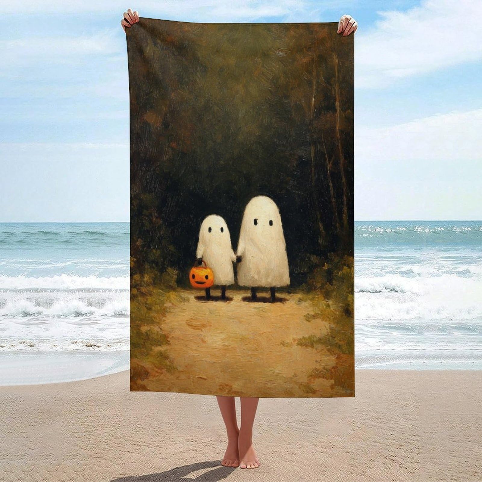 LSRCPD Two Cute Ghosts Walking Path Beach Towel Sand Free Microfiber Large Shower Towels Multipurpose Absorbent for Bathroom Pool 130x80 CM