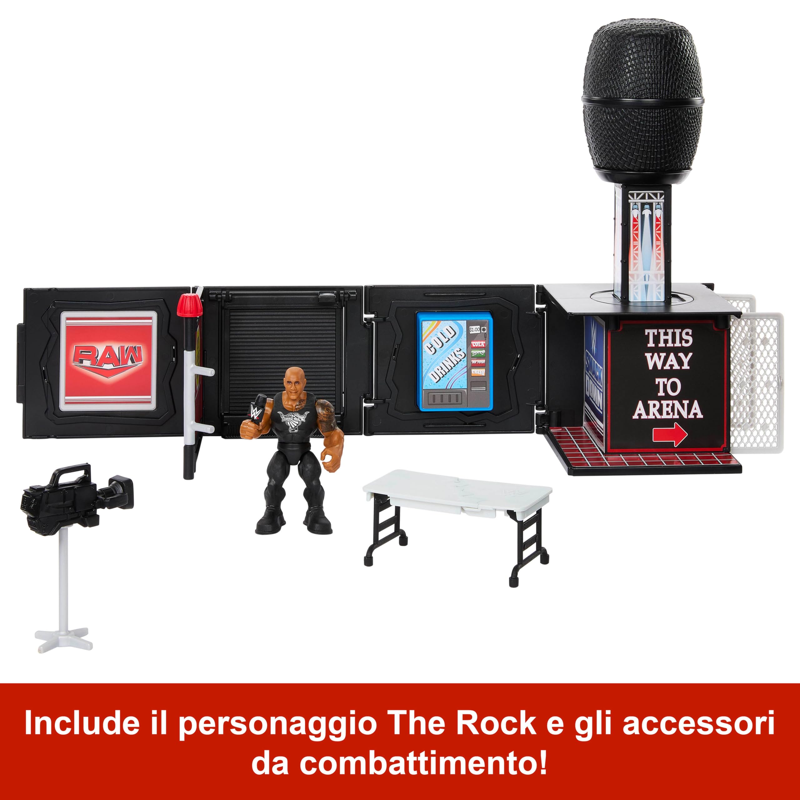 Mattel WWE Knuckle Crunchers - Microfono Campione Assoluto, set 2 in 1 con microfono e action figure personaggio The Rock da 8+ cm, 2 accessori inclusi, giocattolo per bambini, 6+ anni, JFX07