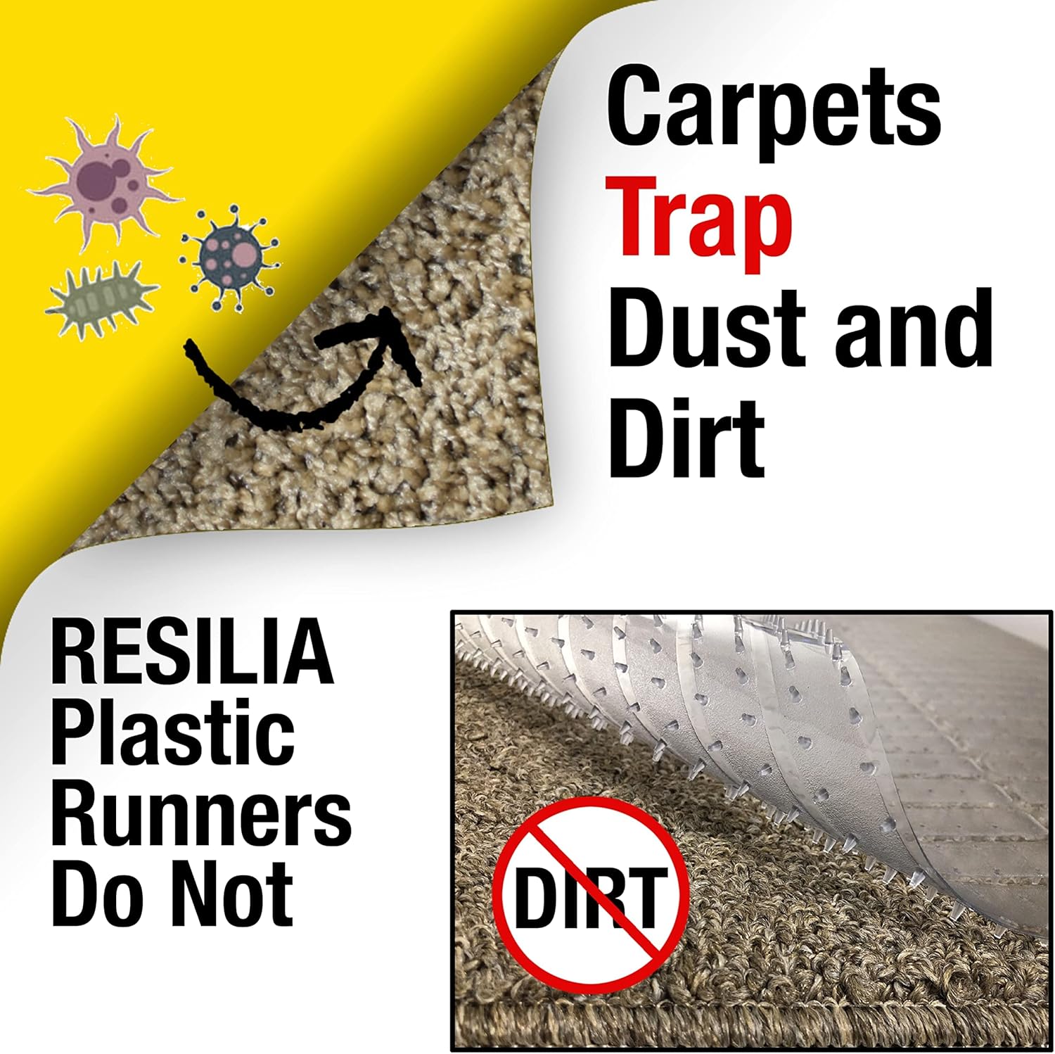 RESILIA - Super Deluxe Carpet Runner, PVC Vinyl Floor Protector for Deep-Pile Carpet - Ribbed Pattern, 27 Inches Wide x 25 Feet Long, Clear, Made in The USA