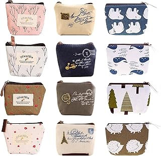 12 Pcs Coin Purse, Mini Canvas Change Purse Coin Pouch, Portable Coin Purse Zipper Small Purse Wallets Change Cash Bag Mini Wallet Coin Bags for Storing Coin ID Card Keys
