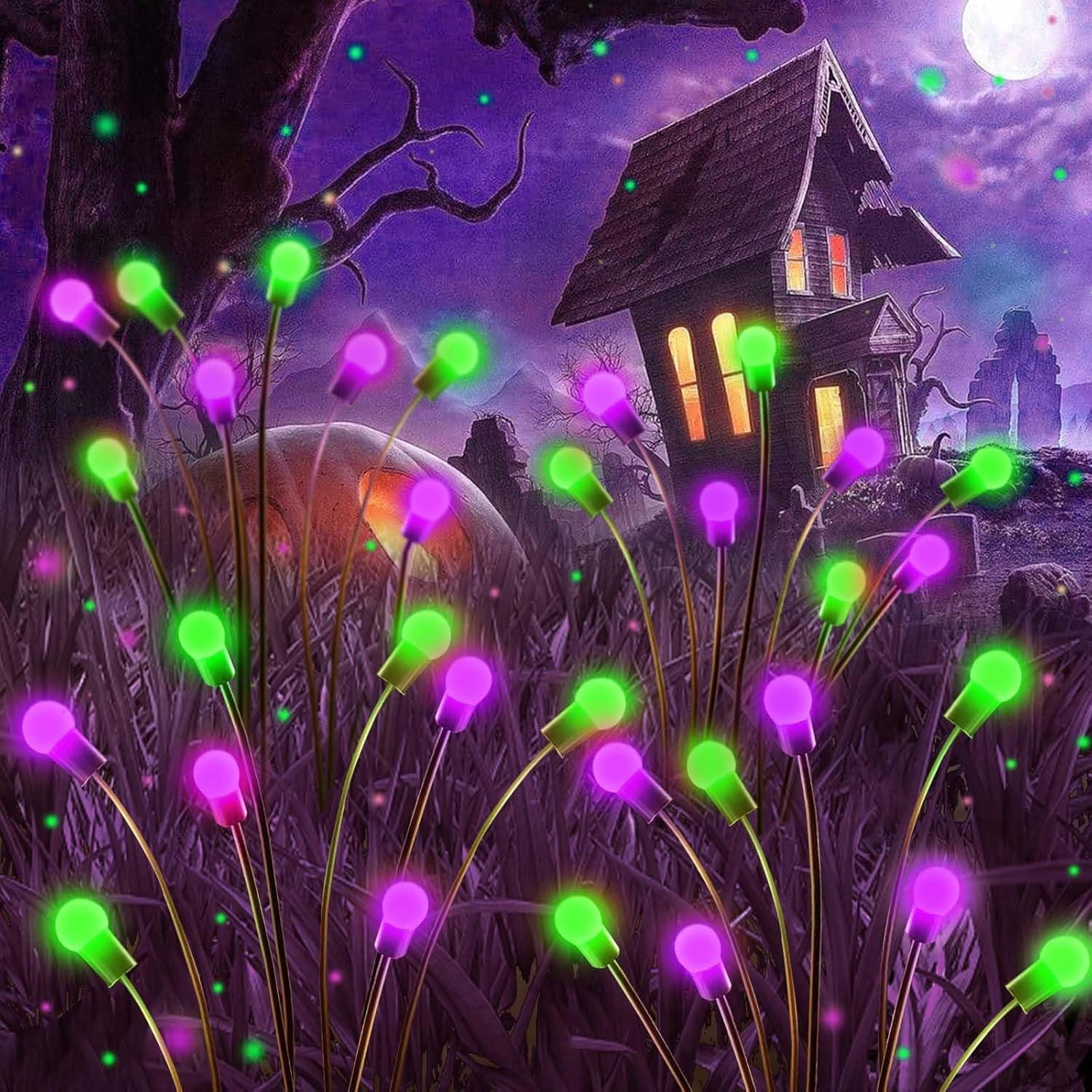 6Pack Total 48 LED Purple and Green Solar Halloween Lights Outdoor - Solar Firefly Lights Outdoor, Sway by Wind, Waterproof for Garden Patio Pathway Halloween Decorations