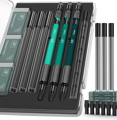 Mr. Pen - Juego de lápices mecánicos con recambios de plomo y borrador, paquete de 3, portaminas de 0.051 in de metal, lápiz mecánico de metal para