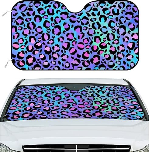Miniatura 7 de Parasol para parabrisas, parasol de automóvil con estampado de leopardo morado y turquesa para parabrisas, protector de visera plegable que bloquea