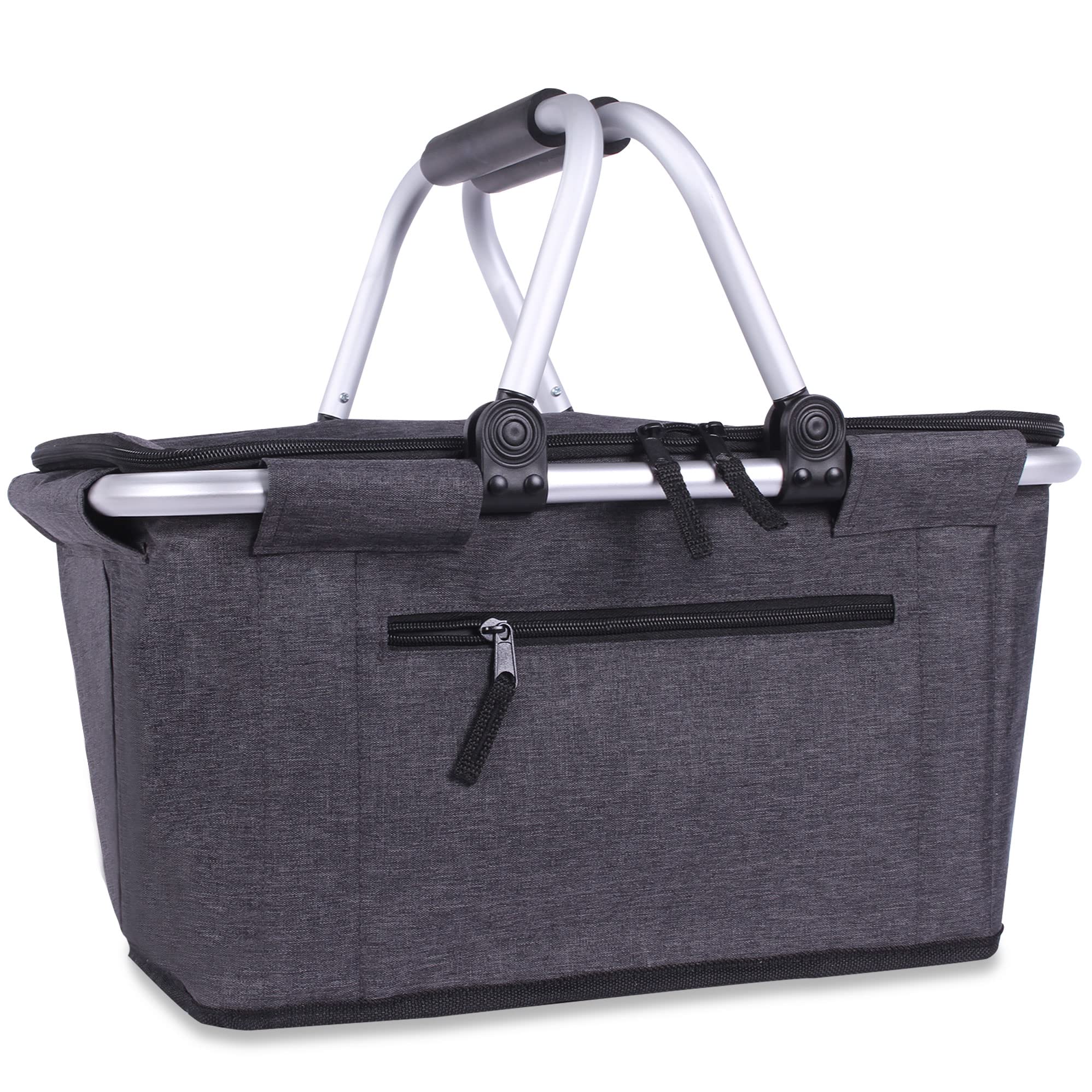 Picnic Basket, SIYUAN Collapsible Market Basket Insulted Cooler with Handles 27L Large Farmers Grocery Basket with Lid Portable Tote Bag, Black