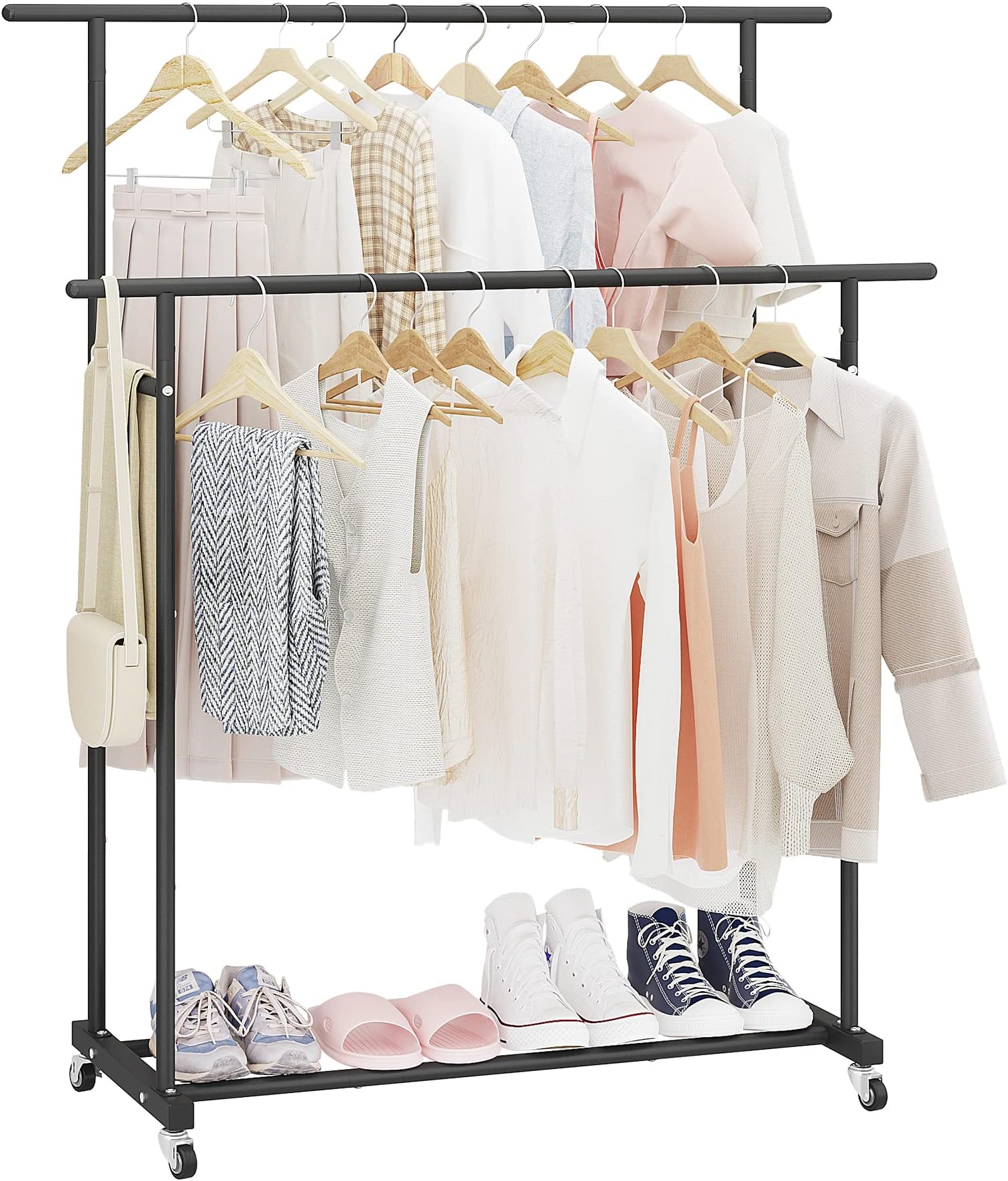 Calmootey Double Rod Clothing Garment Rack,Rolling Hanging Clothes Rack