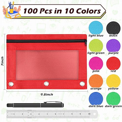 Miniatura 8 de Estuche para lápices para carpeta de 3 anillos, 36 piezas a granel con 3 agujeros con cremallera en 6 colores surtidos, estuche transparente y