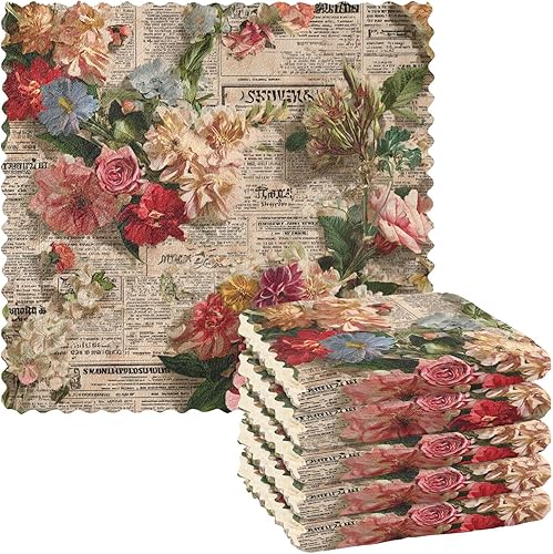 Old Newspaper Red Flowers Retro kitchen towels and dishcloths sets 6 Pack tea towels for kitchen funny decorative articulos para decorar la cocina