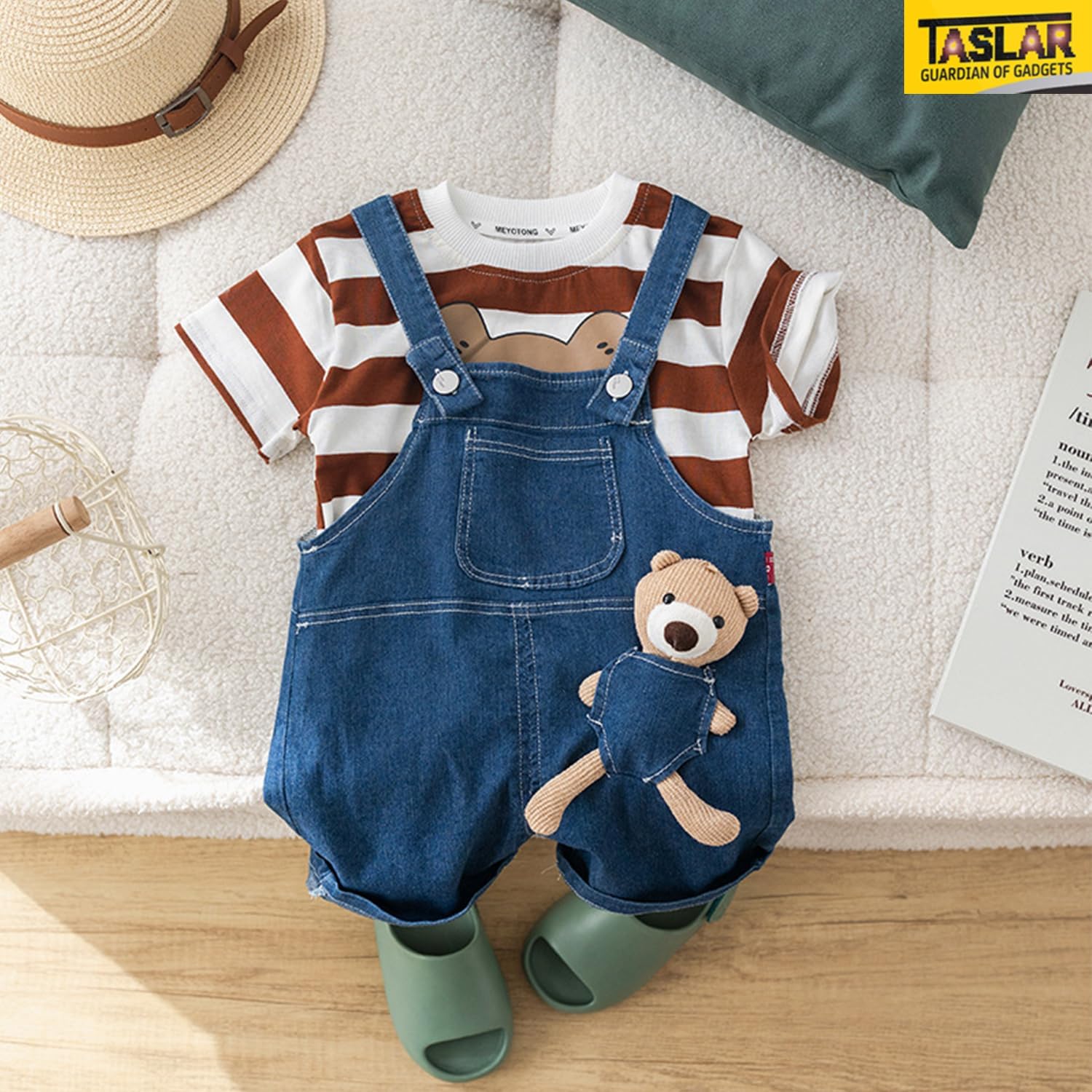 TASLAR Baby Kids T-shirt With Denim Dungaree Outfits Cute Cartoon Print Short Sleeve Two-Piece Bodysuit Jumpsuit Pants Sets with Cute Toy 1