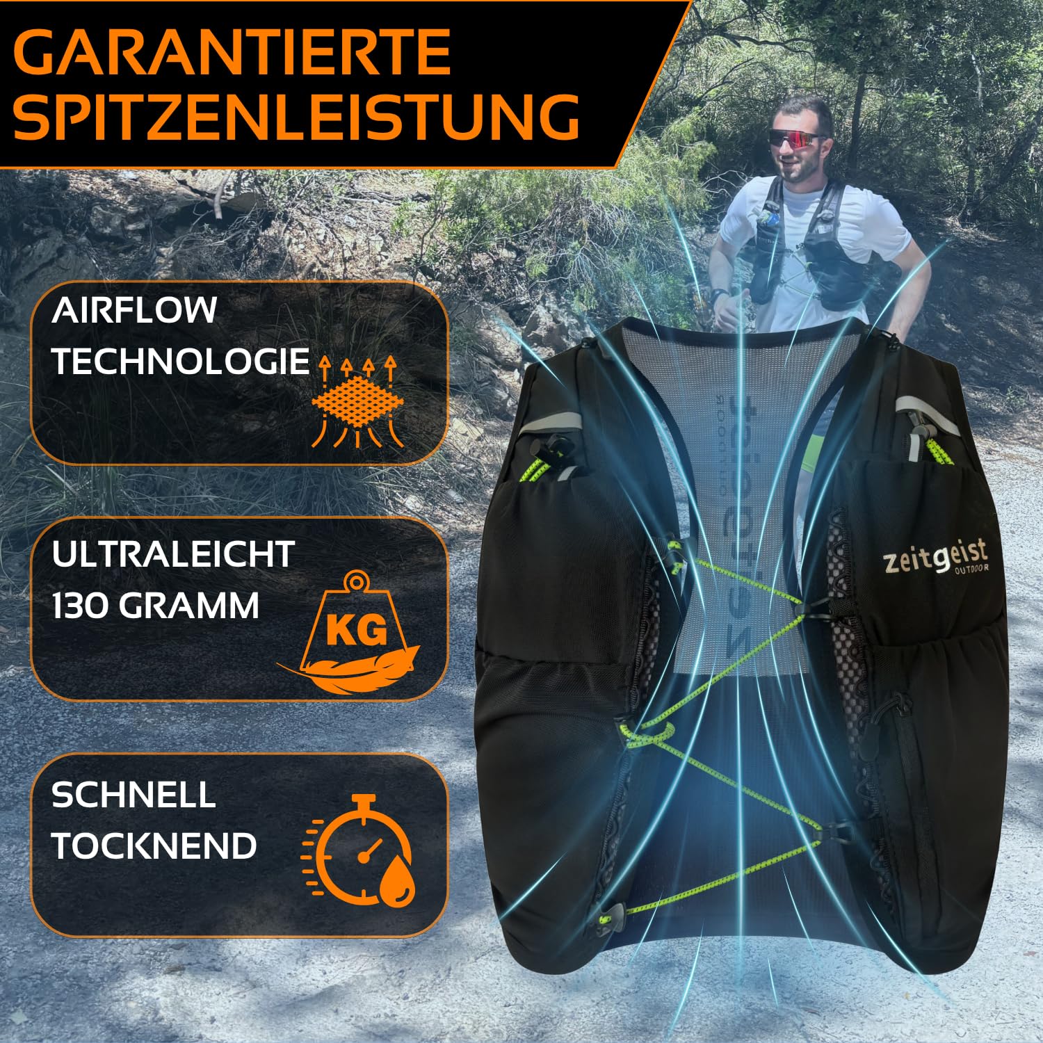Laufweste Damen und Herren Urban fit 2L optimale Passform atmungsaktiv ultraleichter Laufrucksack 130-170gr Trinkruckack Laufen Trailrunning Rucksack