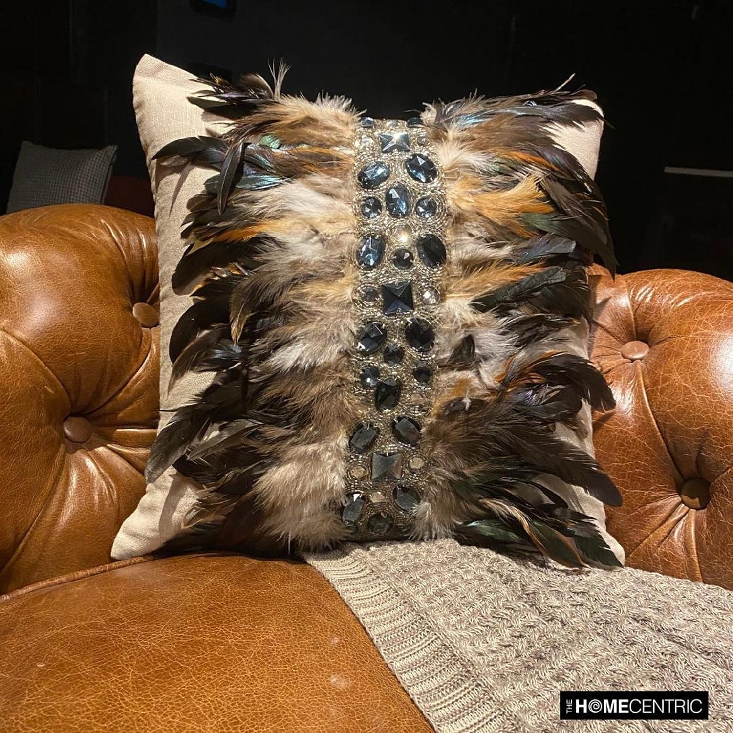 The HomeCentric Pillow Covers with Zippers, Beige 16"x16" (40x40 cm) Cushion Cover Couch, Linen Feathers, Crystals & Beaded Couch Pillow Cases, Animal Print Easter - Crystallised Feathers