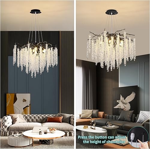 Miniatura 154 de Candelabro moderno de ramas de árbol de cristal, color negro, 40 pulgadas, Art Deco Rectángulo Lineal con gotas de lluvia para interiores, comedor