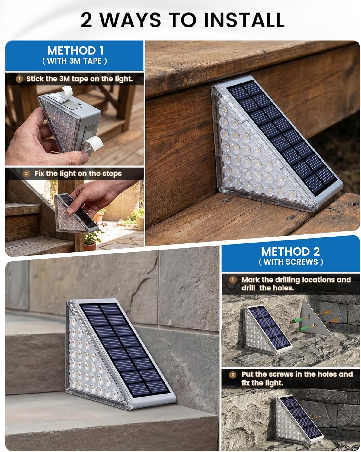 NIORSUN Outdoor Step Lights, Upgraded 28 LEDs 2 Brightness Modes, IP67 Waterproof Solar Stair Lights for Outside Steps, 1200mAh Battery Long Runtime Warm White for Patio Deck Yard Porch, 8 Pack