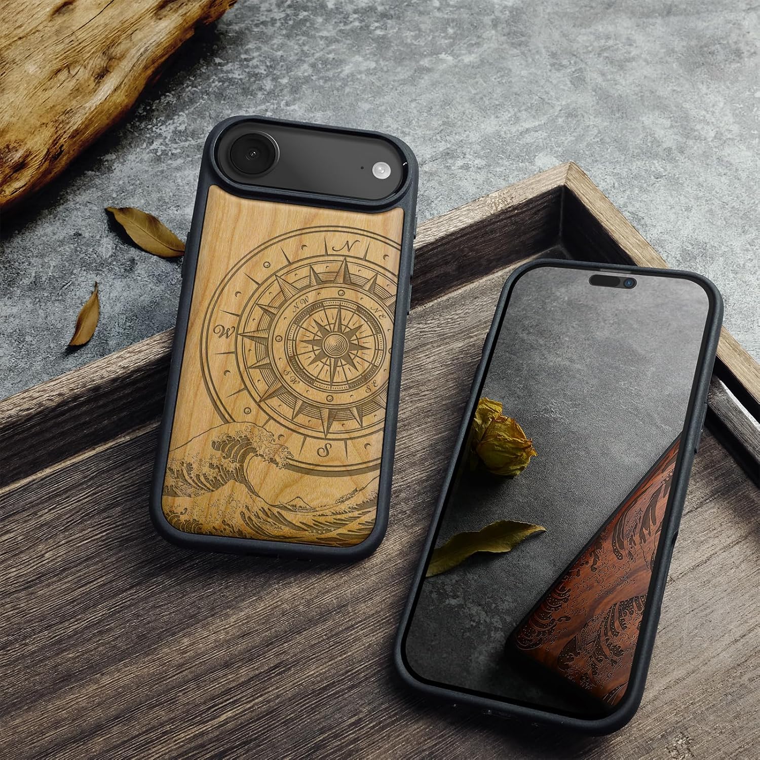 Carveit Magnetic Wooden Case for iPhone Air Case, Wood Artisan Engraved & Soft TPU Shockproof Cover, Compatible with MagSafe 17 Air Wireless Chargers (The Compass and The Wave) Cherry