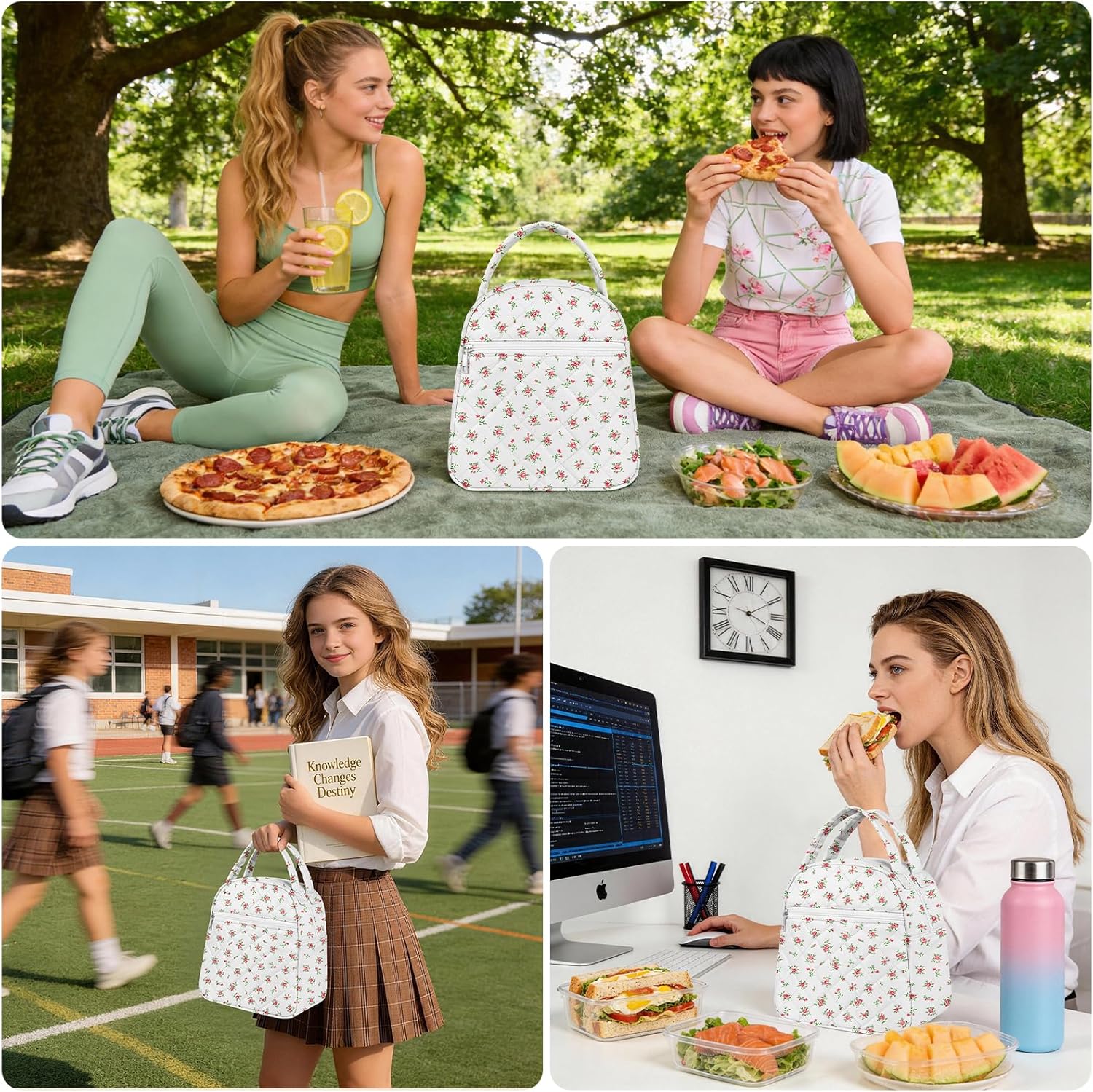 Paquesta Lunch Bag Women Stylish Quilted Lunch Boxes for Adult Fit and Fresh Cooler Insulated Lunchbox for Work Large 11 Liters Cute Compact Lunchbag Waterproof Red Floral
