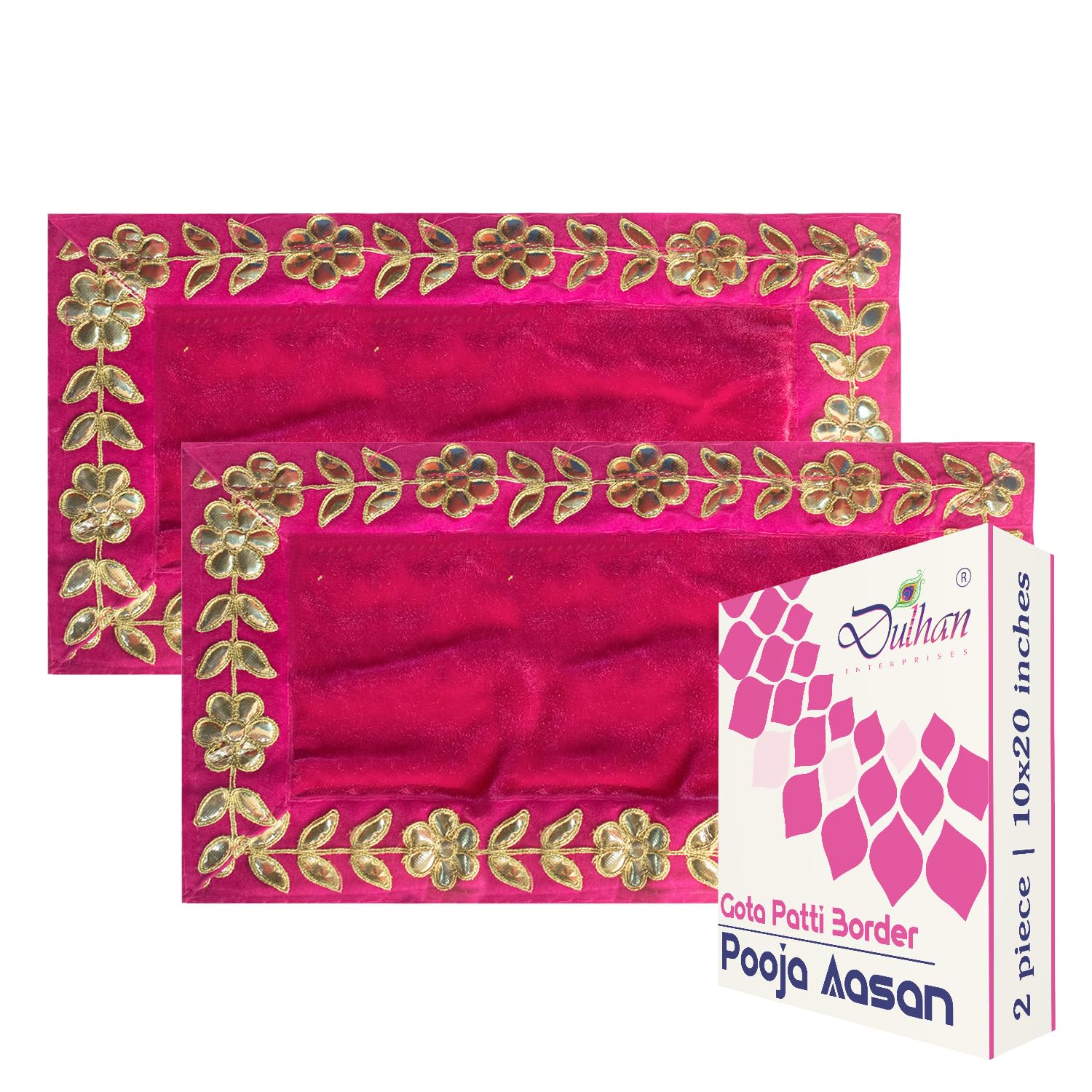 Dulhan 10 x 20 inch DLC Designer Long Velvet Pooja aasan Cloth for God Idol, Chowki Asan kapda, Pink Bhagwan aasan Altar Cloth for Puja Mandir Table and Temple Shelf, Diwali Decoration (Pack of 2)-image-34
