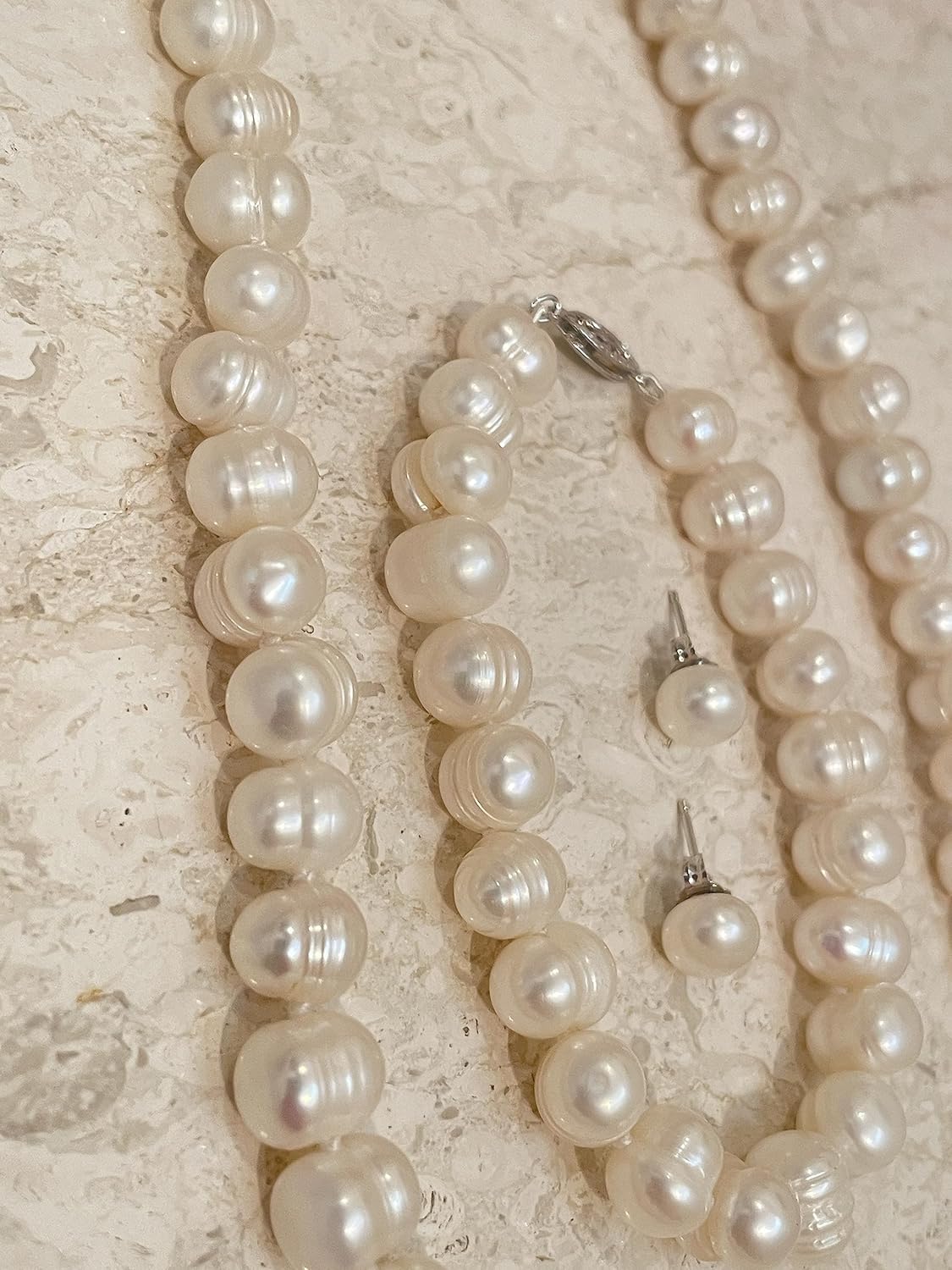 Real Cultured Pearl Necklace Freshwater Pearl Jewelry Set for women Graduation Pearl necklace gift 18"length Cultured Pearl bracelet 9" Silver Sterling Akoya Baroque Pearl Earrings 8-8.5mm Handmade - Image 3