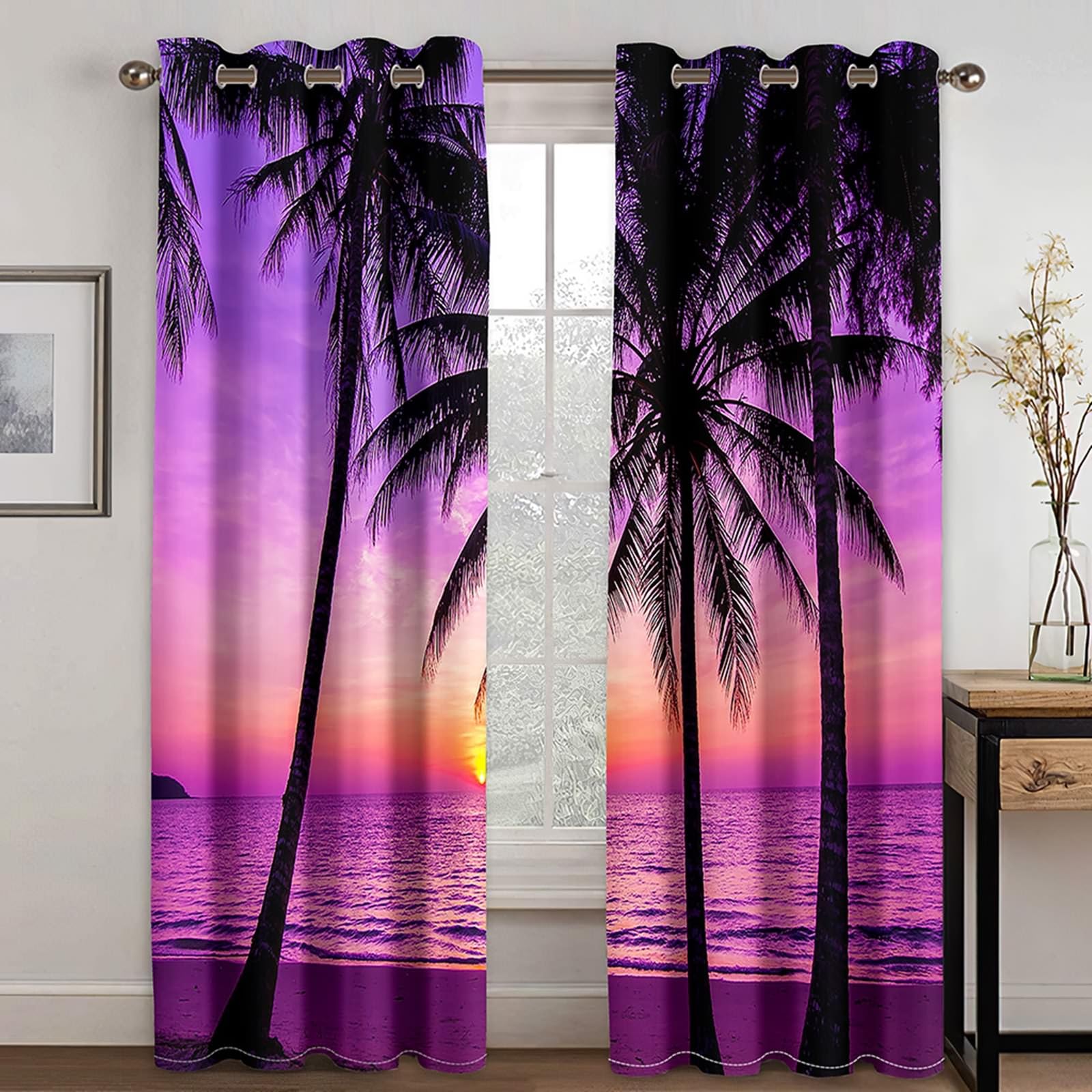 Vorhänge mit Ösen 2er Set, Gardinen Blickdicht Sonnenuntergang Strand Palmen Landschaft H 183 x B 102 cm Abdunkelnde Verdunklungsvorhänge für Wohnzimmer