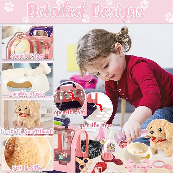 STAY GENT Interactive Robot Dog With Pet Carrier & Plush Walking Dog on Lead, Electronic Grooming Set, Role Play Toys Gifts for Girls 3 4 5 6 7 Years Old