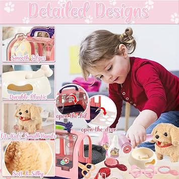 STAY GENT Interactive Robot Dog With Pet Carrier & Plush Walking Dog on Lead, Electronic Grooming Set, Role Play Toys Gifts for Girls 3 4 5 6 7 Years Old