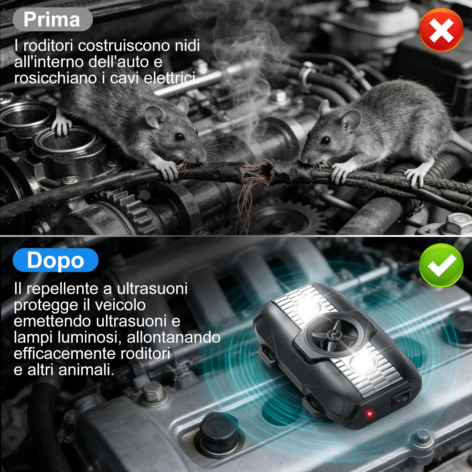 2 PCS Ultrasuoni per Topi per Auto con Ultrasuoni e Luce Lampeggiante | Repellente ad Ultrasuoni per Casa, Garage, Giardino, Cantina