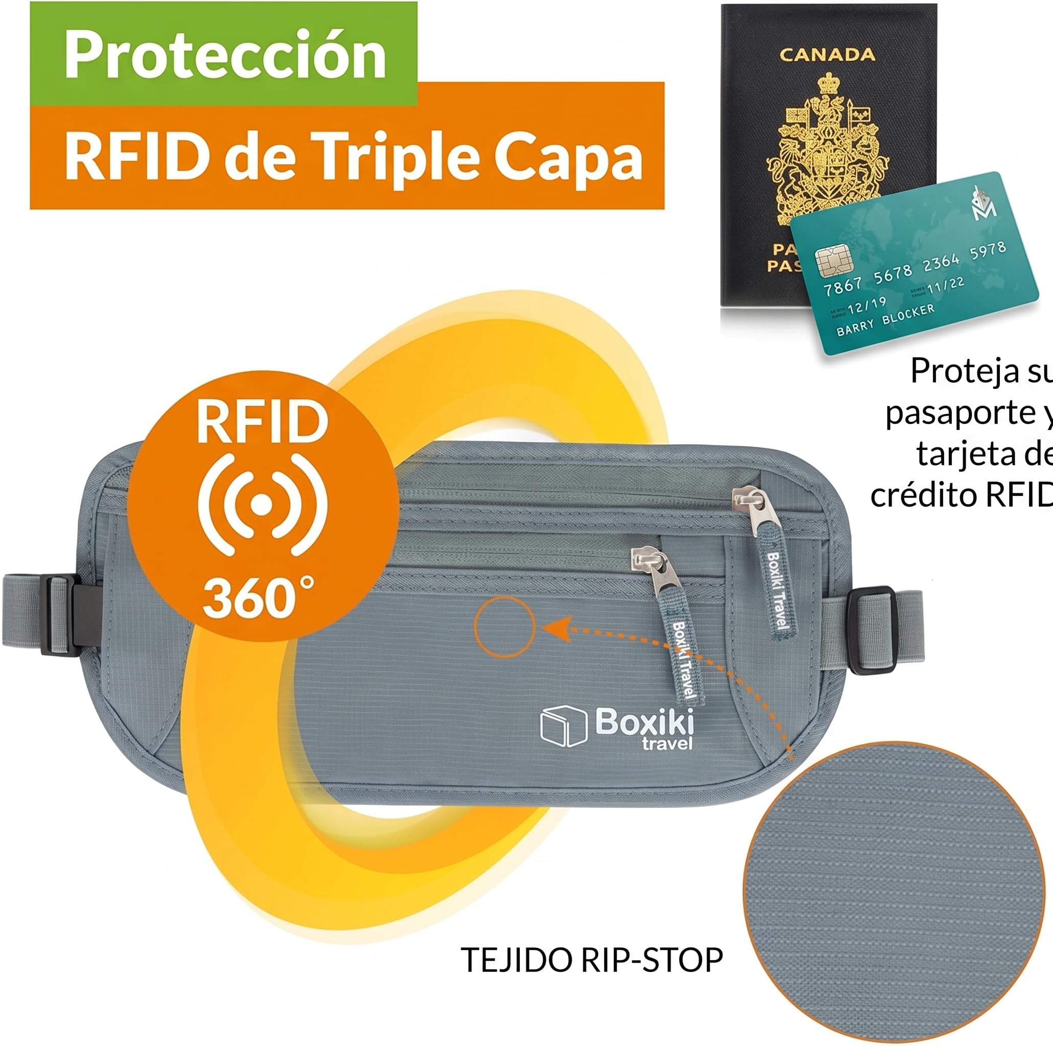Boxiki Travel Hidden Money Belt para Hombres y Mujeres - Cinturón de Cintura con Bloqueo RFID para Pasaporte, Billetera y Teléfono - Seguro para Viajar