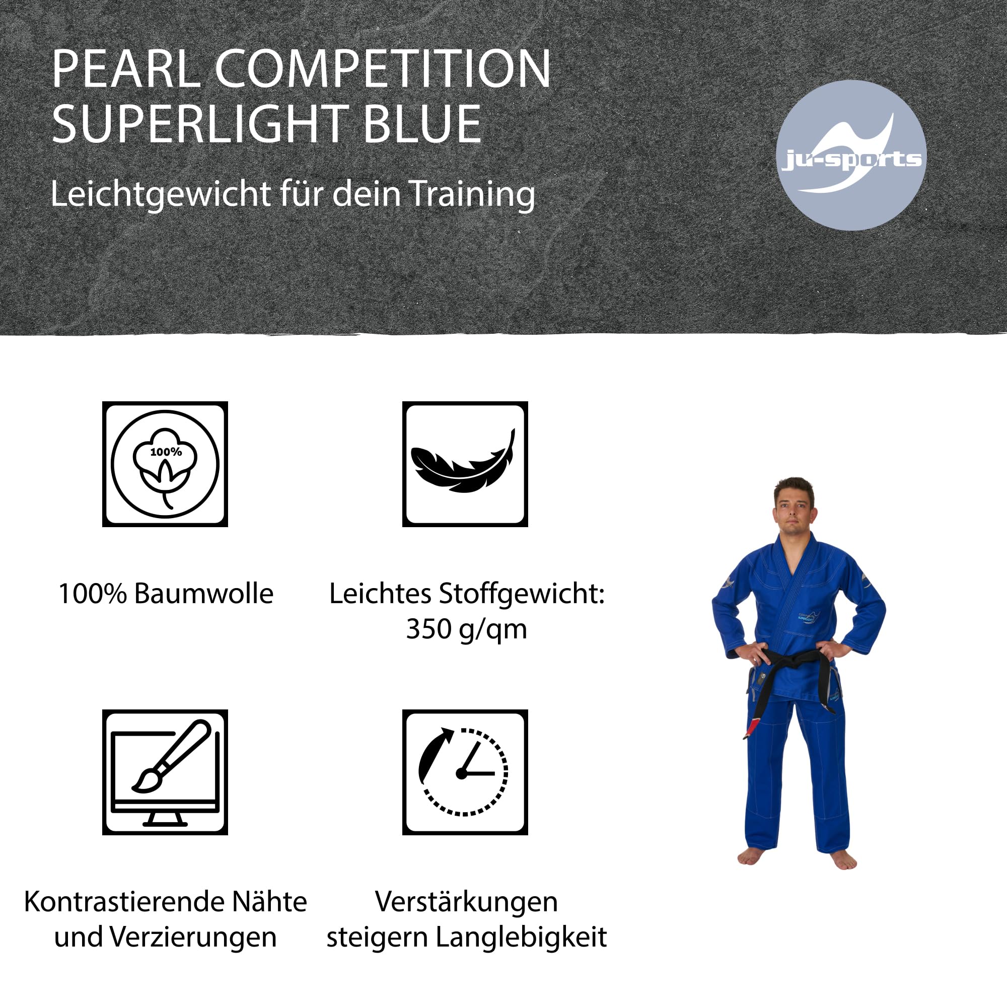 Ju-Sports BJJ Gi Herren Pearl Competition superlight blau - Superleichter Brazilian Jujutsu Anzug mit kontrastierenden Nähten & Stickverzierungen, 100% Baumwolle