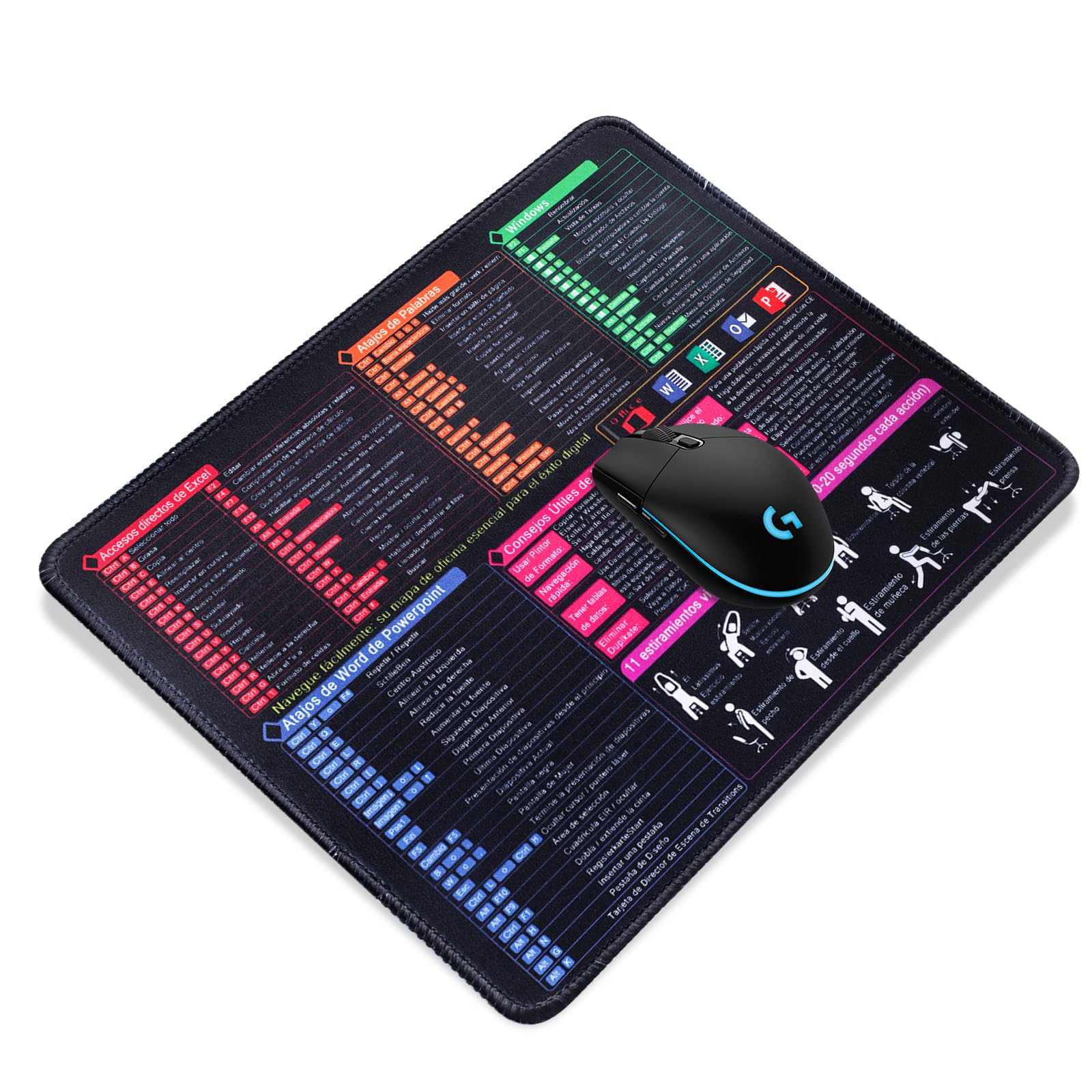 Super Large Mouse Pad with Keyboard Shortcuts in Spanish, for Office and Gaming Mat Stitched Edges Non-Slip and Padded (Small)