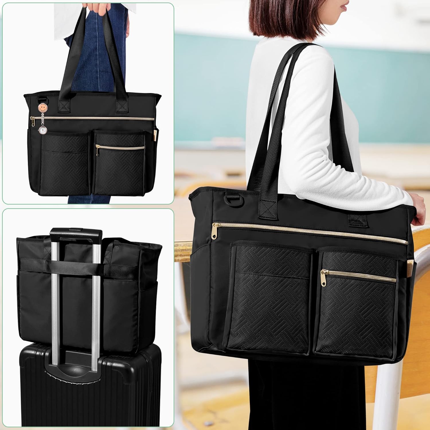 Fasrom Teacher Tote Bag for Work Women, Large Teacher Utility Bag with Padded Sleeve for up to 15.6 Inches Laptop and Teacher Supplies, Black - Image 2