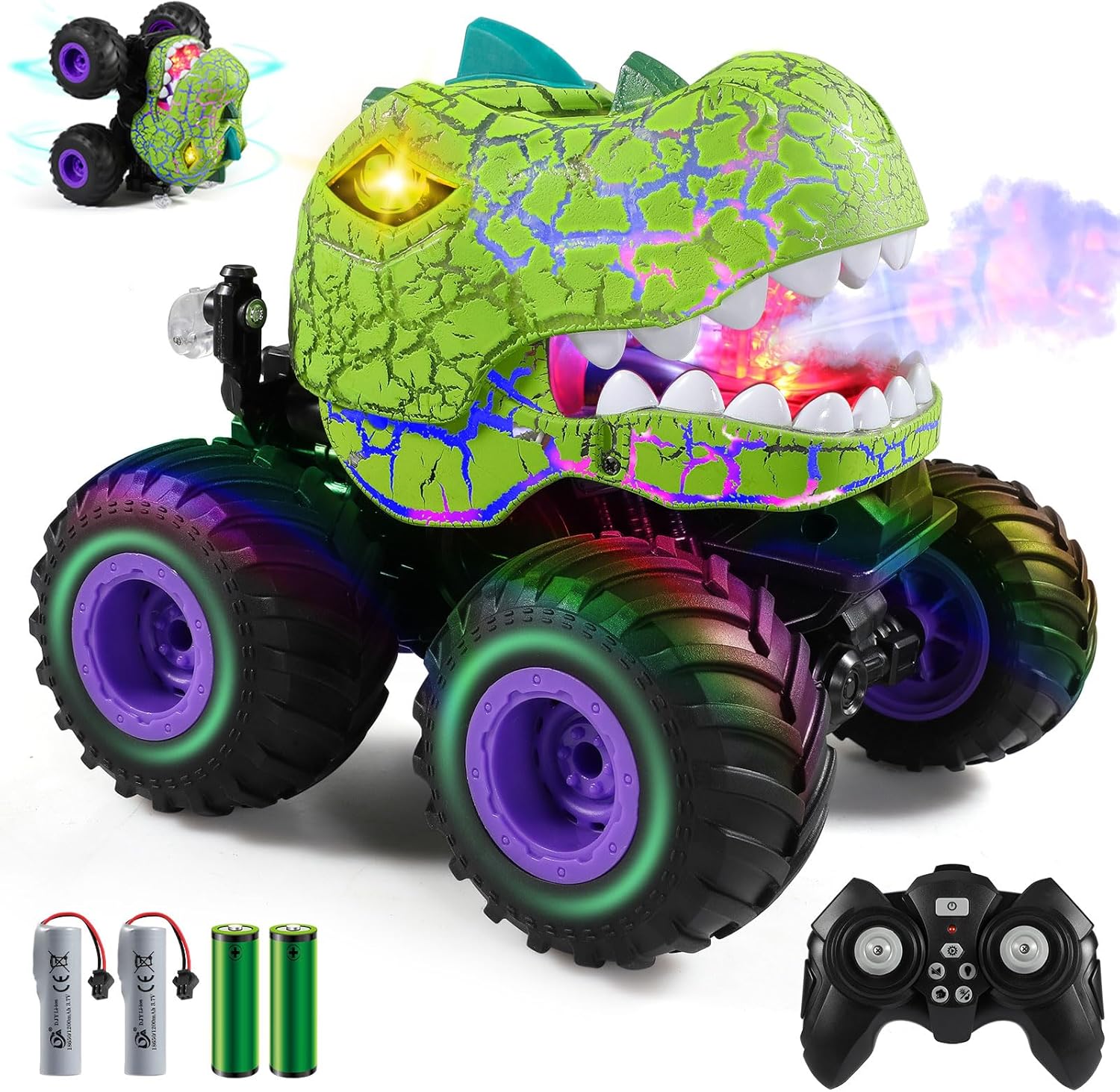 DYODYORC Remote Control Car, 2.4Ghz All Terrain Dinosaur Monster Truck Toys, RC Truck with Spay, Music, 3 Lighting Effects, Stunt Capable, Toy Gifts for Boys and Girls (Green Purple)